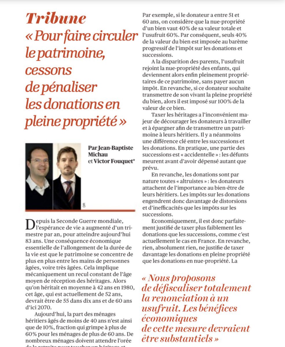 FouquetVictor's tweet photo. Le vieillissement de la population concentre naturellement le patrimoine entre les mains des plus âgés. Notre fiscalité aggrave encore le phénomène en pénalisant les donations en pleine propriété par rapport aux donations en nue-propriété.

La littérature économique montre pourtant l’intérêt des transmissions anticipées, qui permettent aux jeunes générations de disposer tôt d’un capital, au bénéfice de l’investissement. C’est dans ce sens que s’inscrit la proposition que nous formulons avec @jbmichau dans @lopinion_fr : défiscaliser la renonciation à un usufruit, y compris lorsqu’elle traduit une intention libérale :