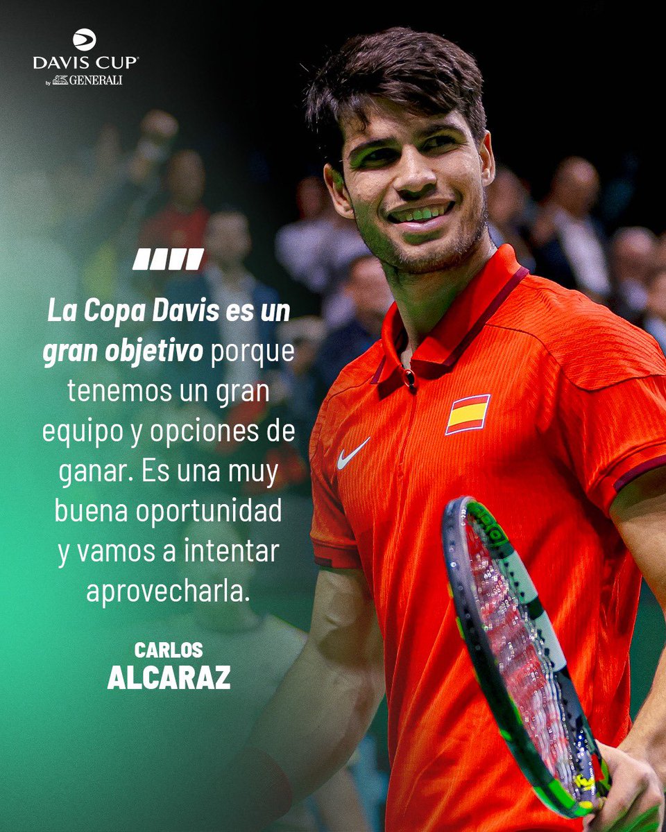 CopaDavis's tweet photo. Carlos Alcaraz sueña con la Copa Davis 2026 🇪🇸

El tenista español desea ser parte de las Finales de noviembre, en Bolonia. Su país accedió a esta instancia tras superar a Chile en Santiago. 

España ya tiene fecha para el cruce con Austria: jueves 26 de noviembre. 

#CopaDavis https://t.co/iBCOnXpTMv