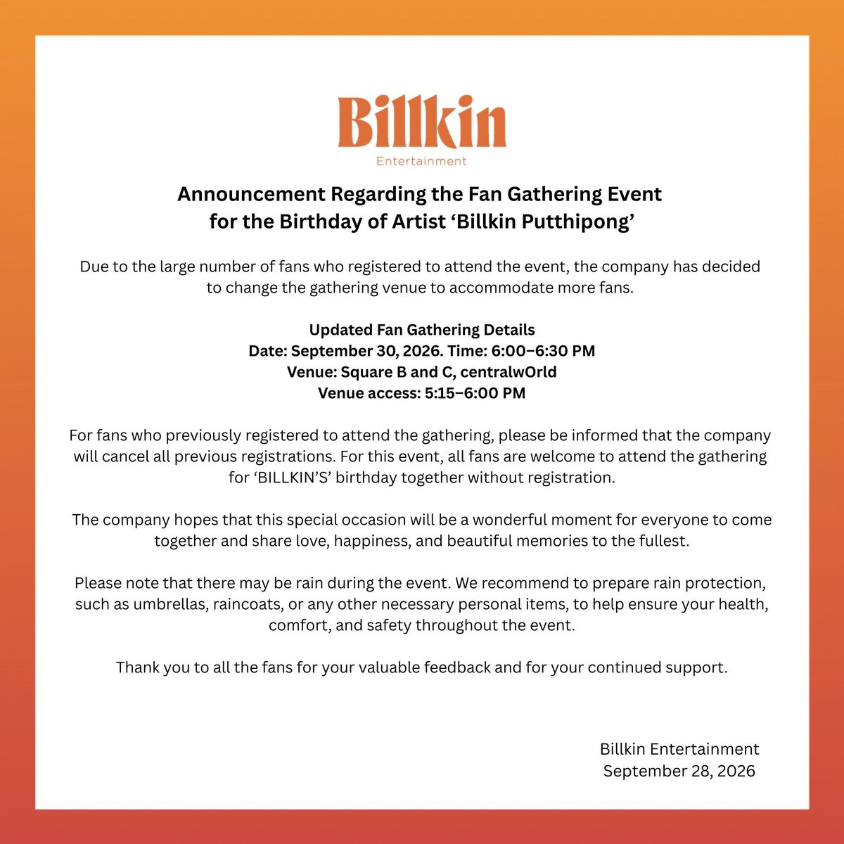 Billkin_Ent's tweet photo. ประกาศเรื่องกิจกรรมรวมพล เนื่องในวันครบรอบวันเกิดของศิลปิน ‘บิวกิ้น - พุฒิพงศ์’ และการปรับเปลี่ยนสถานที่สำหรับการรวมพล เพื่อให้สามารถรองรับแฟน ๆ ได้มากยิ่งขึ้น 

-----

Announcement Regarding the Fan Gathering Event for the Birthday of Artist 'BILLKIN – Putthipong' and the Change of Venue to Accommodate More Fans.

-----

关于艺人BILLKIN Putthipong生日点名活动及为能够容纳更多粉丝参与集合地点调整的公告

#centralwOrld
#BillkinEntertainment
#Bbillkin