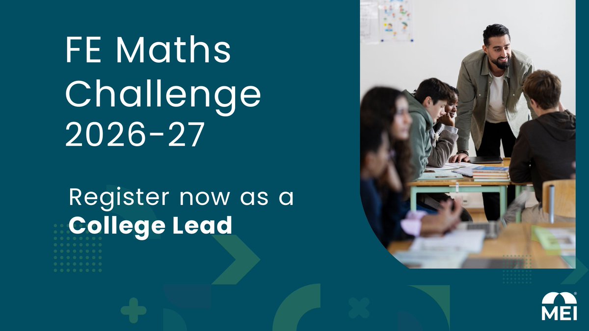 MEIMaths's tweet photo. Represent your college through the FE Maths Challenge ⭐

Join a growing national programme supporting confidence, engagement and achievement in FE maths.

👉 Register your college: https://t.co/VlLgAPqzcW

#FEMathsChallenge #FE https://t.co/gDsof4W5ZA