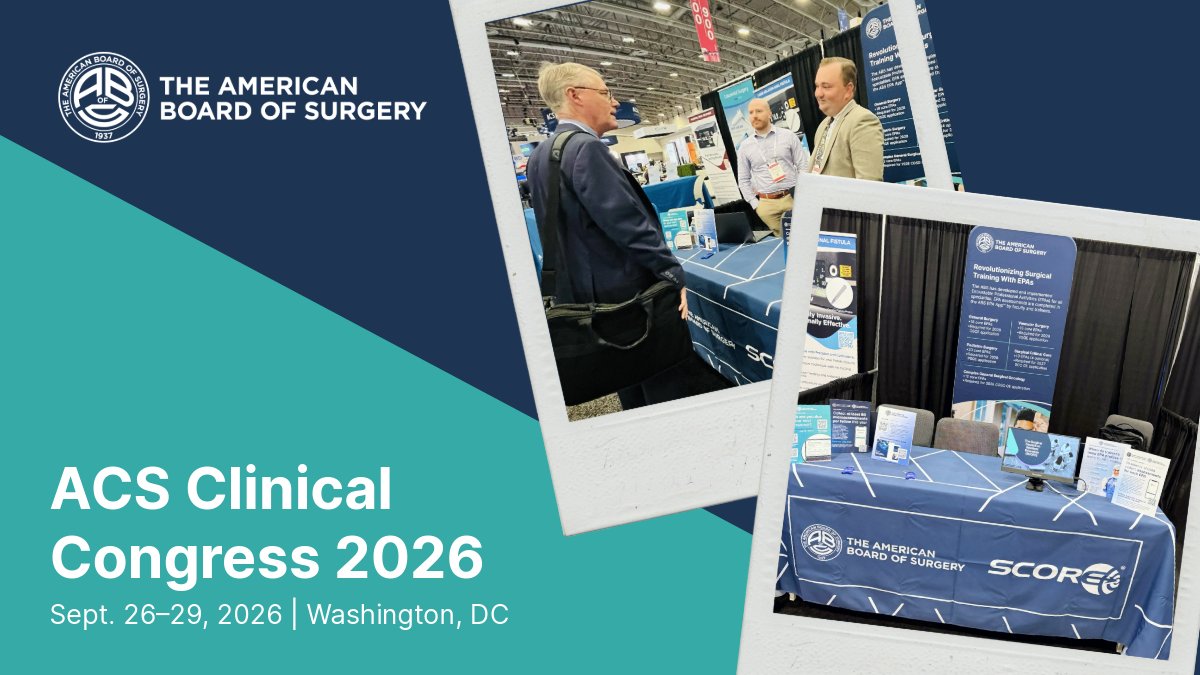 AmBdSurg's tweet photo. #ACSCC26 is underway! Stop by Booth 727 in the exhibit hall to connect with the ABS team, learn how SCORE can be an asset to your practice, and check out our new and upcoming initiatives. See you there! https://t.co/IQ4aqw5FOv