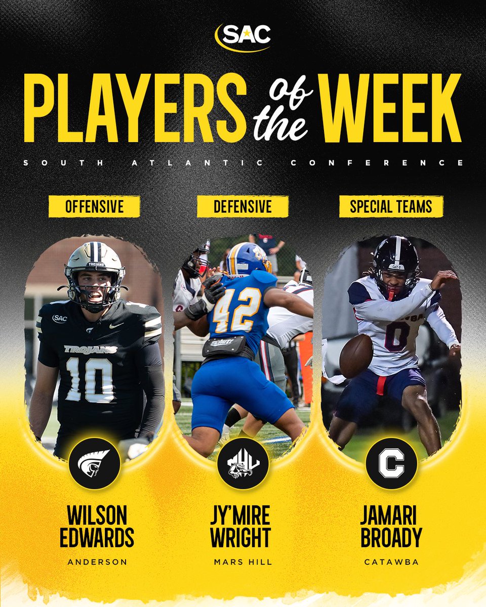 SAC_Athletics's tweet photo. 🏈 SAC Football Players of the Week

⚡ Offensive — Wilson Edwards, @AUTrojansFB 
🛡️ Defensive — Jy’Mire Wright, @MarsHill_FB 
⭐ Special Teams — Jamari Broady, @CatawbaFootball https://t.co/hWPJremT8A