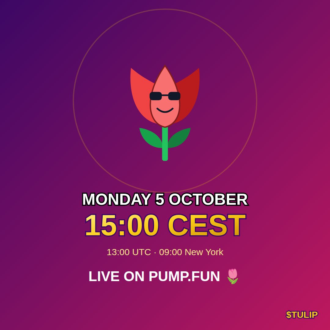 TulipCoin1637's tweet photo. @iamsamcrypto 🌷 $TULIP goes live on https://t.co/zsYqTKPElN
📅 Monday 5 October
⏰ 15:00 CEST (13:00 UTC / 09:00 New York)
The first pump was Dutch. The second one starts now.
🎁 Airdrop: 50 spots, 50,000 $TULIP each. 
Patience, no panic. 🌷 https://t.co/a4LeNerayh