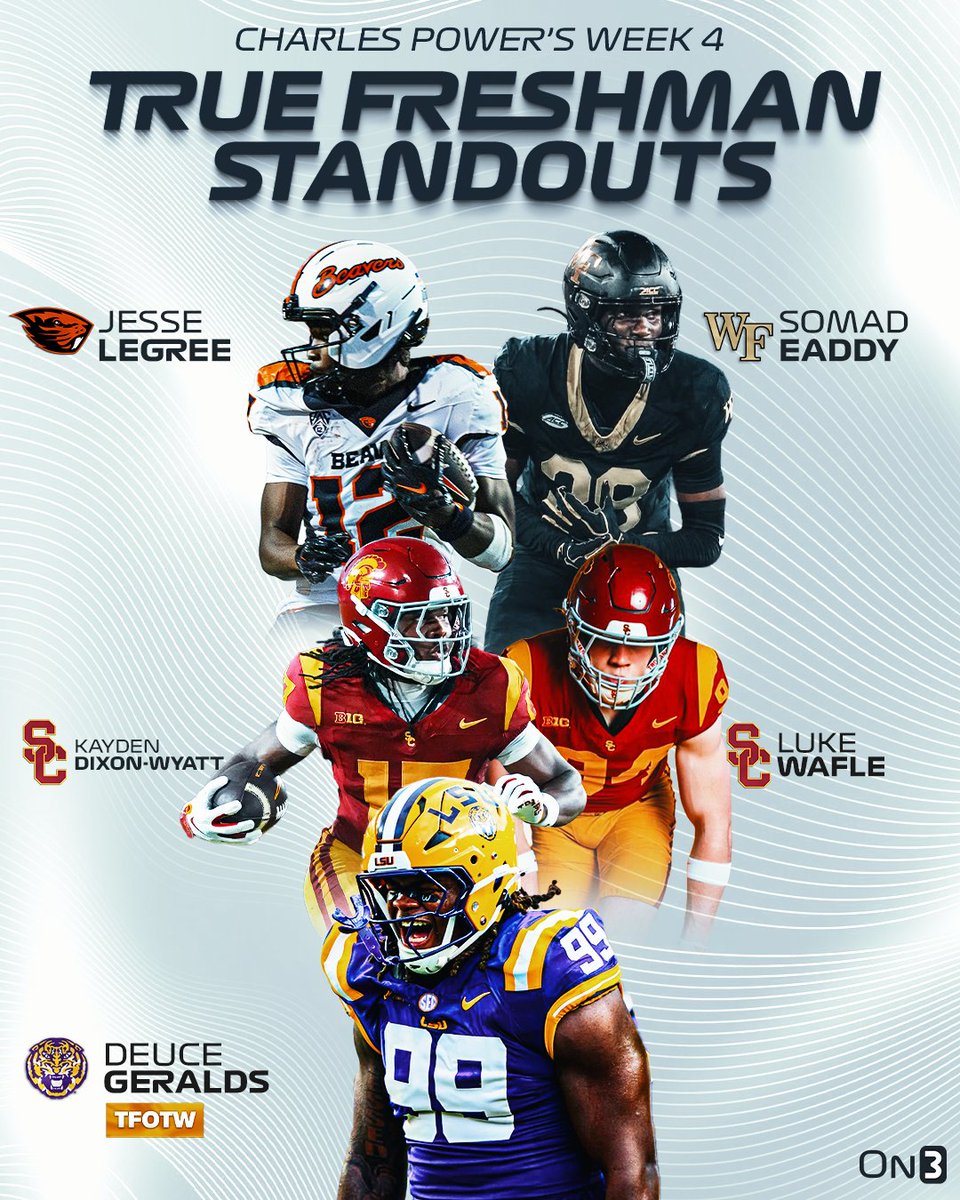On3's tweet photo. NEW: Week 4 College Football True Freshman Standouts headlined by LSU DL Deuce Geralds🐯

(via @CharlesPower) 

https://t.co/AAH2YG7vjp
