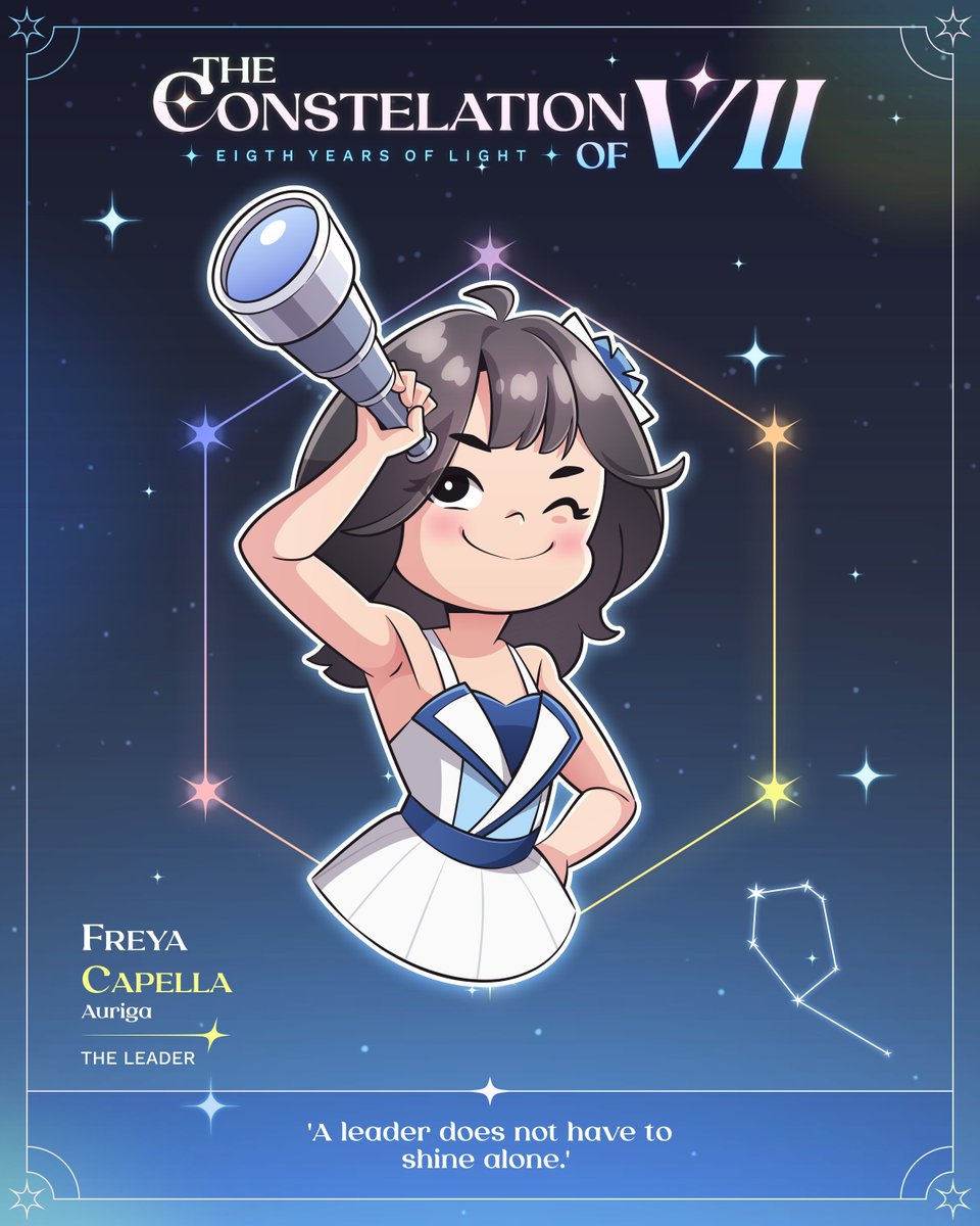 FreyanationID's tweet photo. FREYA JAYAWARDANA × CAPELLA • THE LEADER ✨

Seperti Capella yang menjadi salah satu cahaya utama, Freya di posisikan sebagai The Leader yang menjaga arah dan struktur keseluruhan. Sebagai kapten, ia menjadi leading light yang membawa tanggung jawab dan kepemimpinan. 🌟

#TheConstellationOfVII
#EightYearsOfLight
#8thYearsLuckySeven