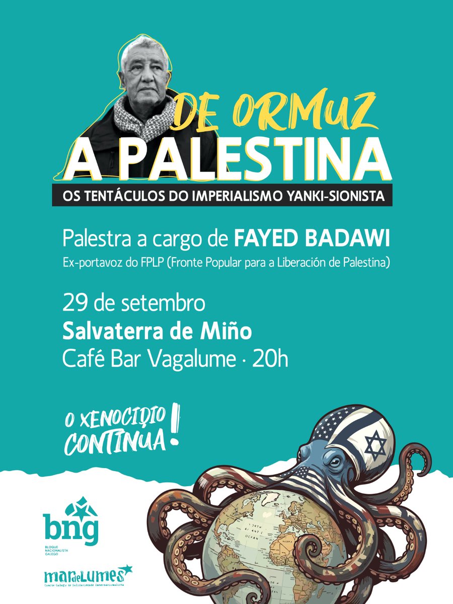 mardelumes's tweet photo. O compañeiro Fayez Badawi volta á Galiza para falar da resistencia do pobo palestino no medio dos ataques imperialistas á rexión. De Ormuz a Palestina, a mesma loita pola liberdade dos pobos! #GalizaConPalestina https://t.co/RLlmm1tgNS