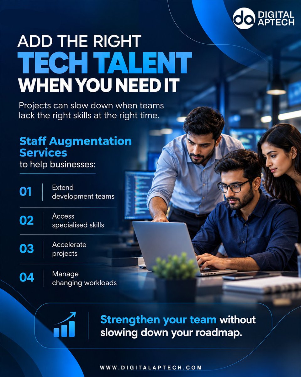 DigitalApTech's tweet photo. Changing workloads slowing tech execution? Add specialized skills when needed. Scale faster with Digital Aptech staff augmentation—without long hiring cycles.

Visit: https://t.co/IRQw6YzxlJ

#DigitalAptech #StaffAugmentation  #ITStaffing #TechSolutions #BusinessGrowth https://t.co/jGx1WOnUhy