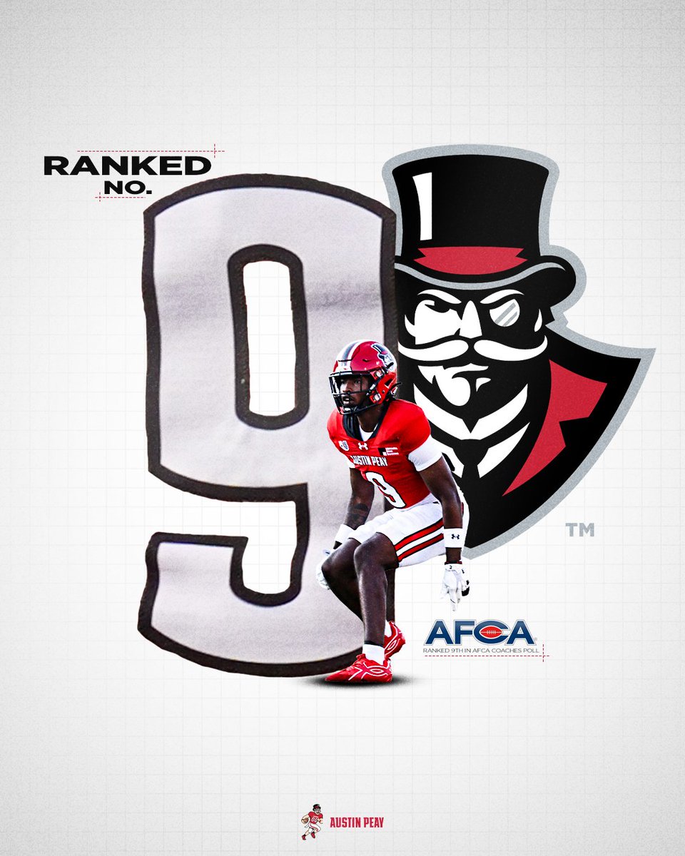 GovsFB's tweet photo. Hey, y'all want to see a top-10 team at Fortera Stadium on Homecoming this week? 

Because you can. 

For the first time in the modern polling era, Austin Peay will take the field for a regular season game ranked in the top-10, ascending to ninth in this week's @WeAreAFCA Coaches Poll! 

📰 --> https://t.co/drRiYdjnZC

#LetsGoPeay | #WeWILL