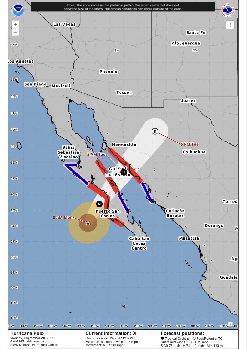 chematierra's tweet photo. INMINENTE IMPACTO DEL PODEROSO HURACÁN POLO CATEGORÍA 3🌀
Actualización 
Septiembre 28/08:00 am

¡Con vientos de 185 km/h y condiciones potencialmente catastróficas, en aproximación a Baja California Sur!

La población debe tomar las precauciones correspondientes y mantenerse bien informados de canales oficiales. Advertencia y vigilancia de Huracán en efecto para las costas en riesgo de BCS y costas de Sonora y Sinaloa 

Ahora: 
- 140 km al W de Cabo San Lázaro, Comondú y
- 365 km al SSW de Santa Rosalía, BCS
Se mueve al NE 17 km/h 

EXTREMAR PRECAUCIONES