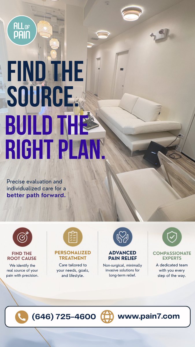 AllofPainnyc's tweet photo. Stop guessing. Start healing.
We find the root cause of your pain and create a custom treatment plan just for you.
#recovery #healingjourney #genuinemedicalcare #painclinic #restoringmobility https://t.co/R47k0tVMut