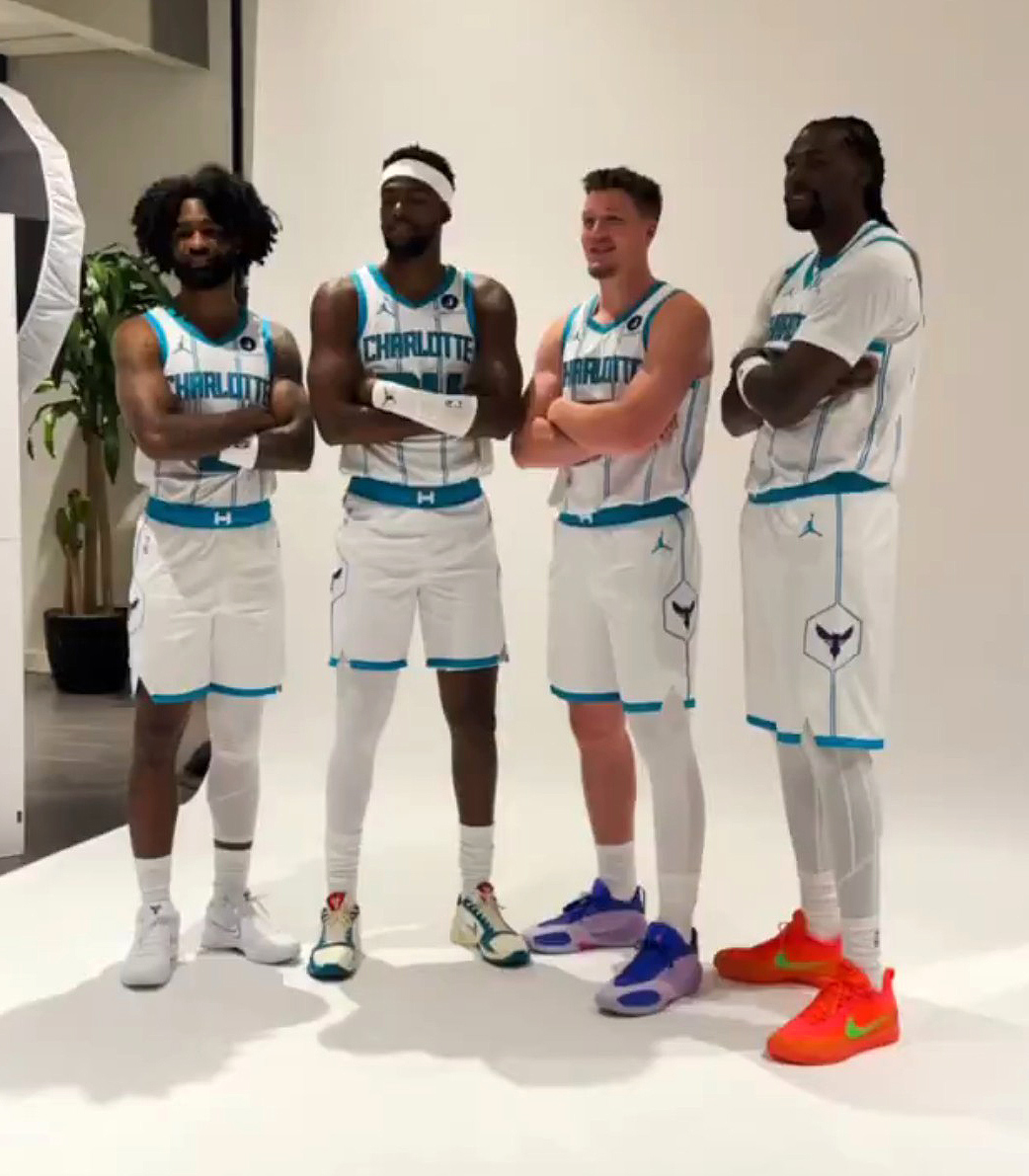 HornetsReddit's tweet photo. First look at Coby White, Brandon Miller, Kon Knueppel, and Naz Reid together in their Hornets jerseys. 📸