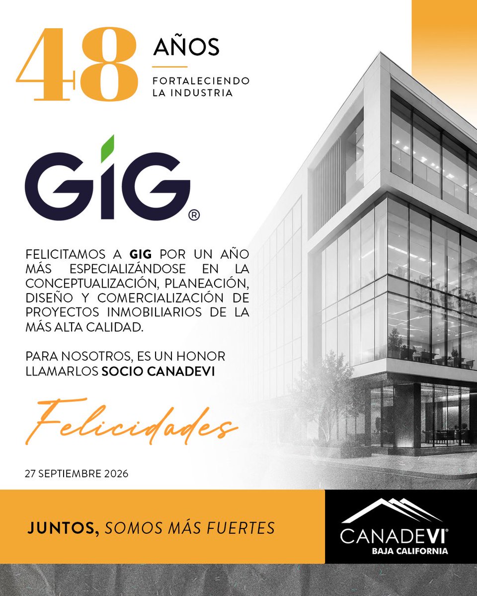 CanadeviBCN's tweet photo. ¡Muchas felicidades! 🎊 🍾 GIG México por sus 48 aniversario ✨dedicados a trabajar en mejorar la calidad de vida de miles de familias, 🏘️ otorgándoles  viviendas 🏡 y terrenos con alta plusvalía en desarrollos integrales. 😃✨ https://t.co/oDzIFtF5Rc