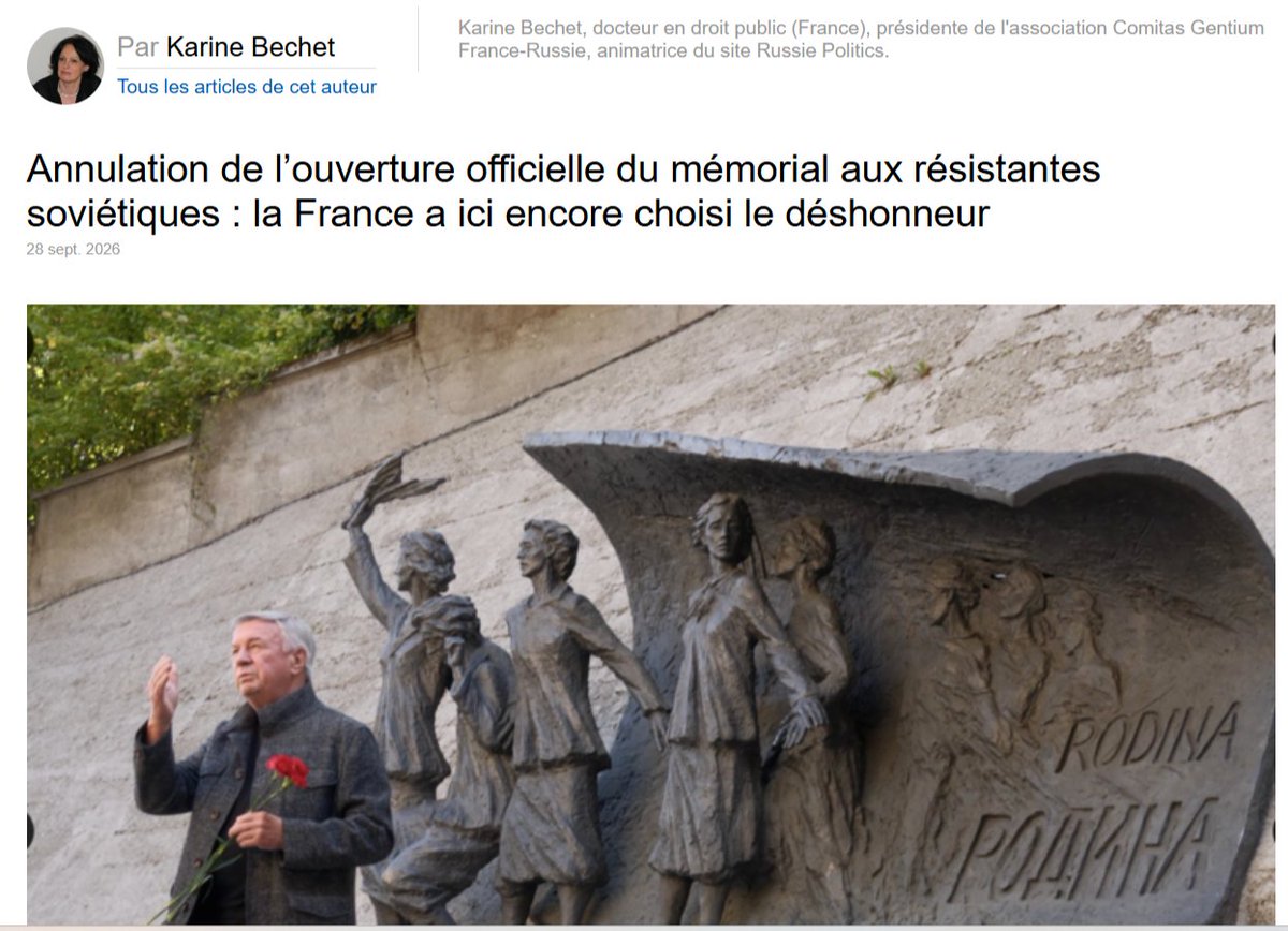 bechetgolovko's tweet photo. Annulation de l’ouverture officielle du mémorial aux résistantes soviétiques : la #France a ici encore choisi le déshonneur

La mairie de Thil, en Lorraine, a annulé l'ouverture officielle d'un mémorial dédié aux résistantes soviétiques, sous la pression de groupes ukrainiens. Les diplomates russes et biélorusses ont tout de même inauguré le monument le 26 septembre, selon TASS. Pour la juriste Karine Bechet, la #russophobie prend les couleurs du néonazisme.

Lire ma chronique sur RT en français: https://t.co/MWa9FVz1Mi