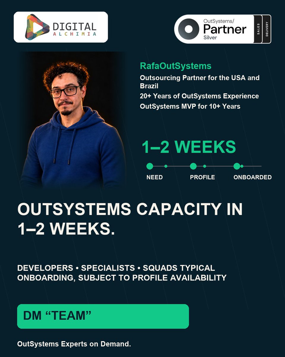 DAlchimia's tweet photo. OUTSYSTEMS CAPACITY IN 1–2 WEEKS.

Typical onboarding: 1–2 weeks, subject to profile availability.

DM me TEAM.

#OutSystems #DigitalAlchimia https://t.co/pp8Sp6ZCjI