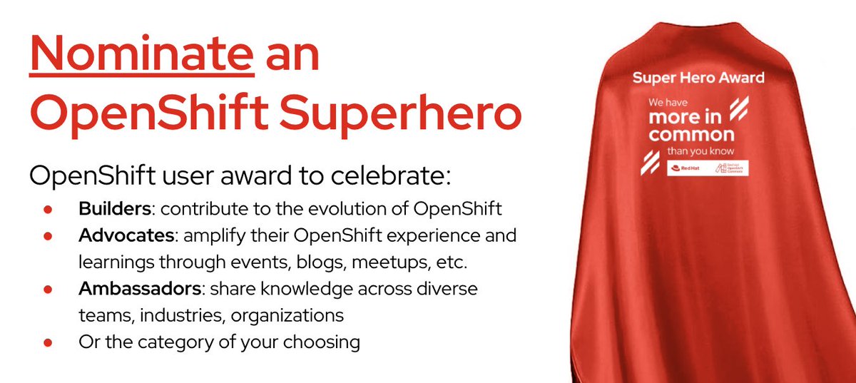 openshiftcommon's tweet photo. When do superheroes save the day? When we need them most. For @RedHat OpenShift Superheroes at OpenShift #Commons in Salt Lake City this November, that time is now. TODAY is the LAST day to nominate an exceptional OpenShift user: https://t.co/0F03QiII9R. Nominate someone today. https://t.co/EjHoNmWXDH