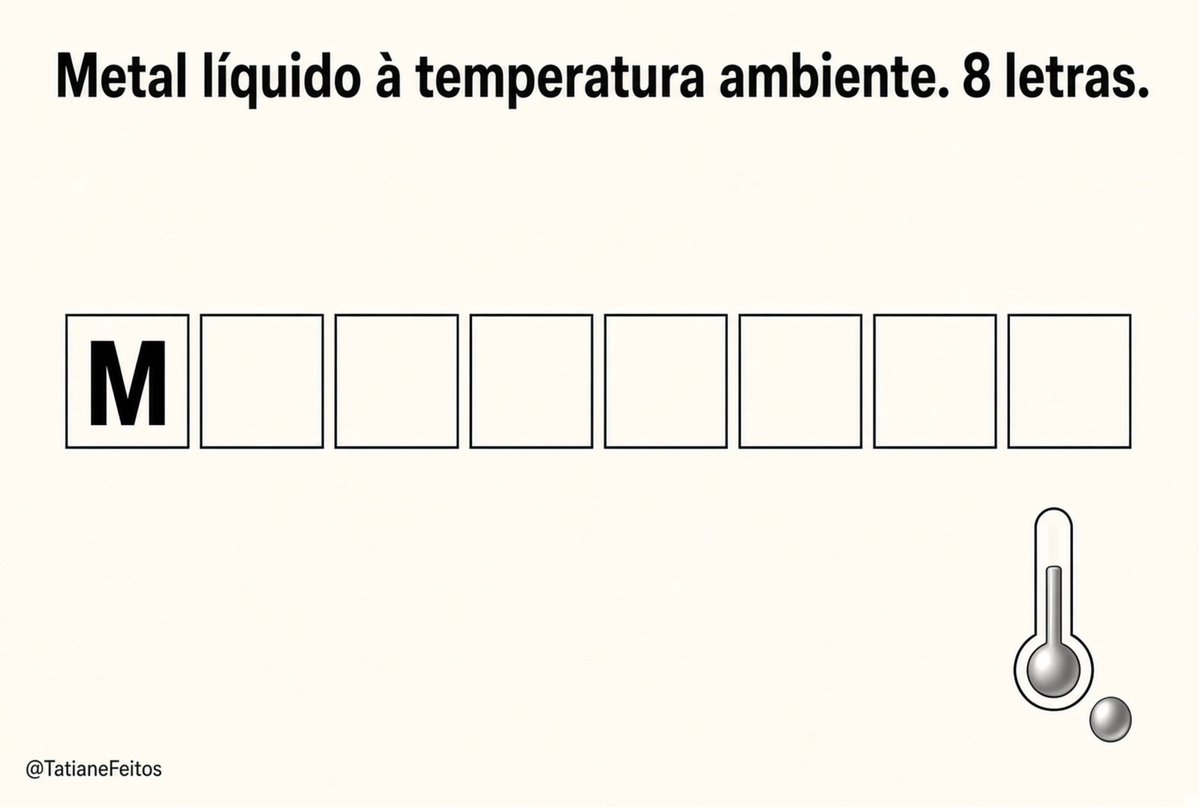 TatianeFeitos's tweet photo. Qual metal é líquido em temperatura ambiente? 8 letras. Começa com M.
#desafiosproftatianefeitos #quimica https://t.co/VH68DVlLdz