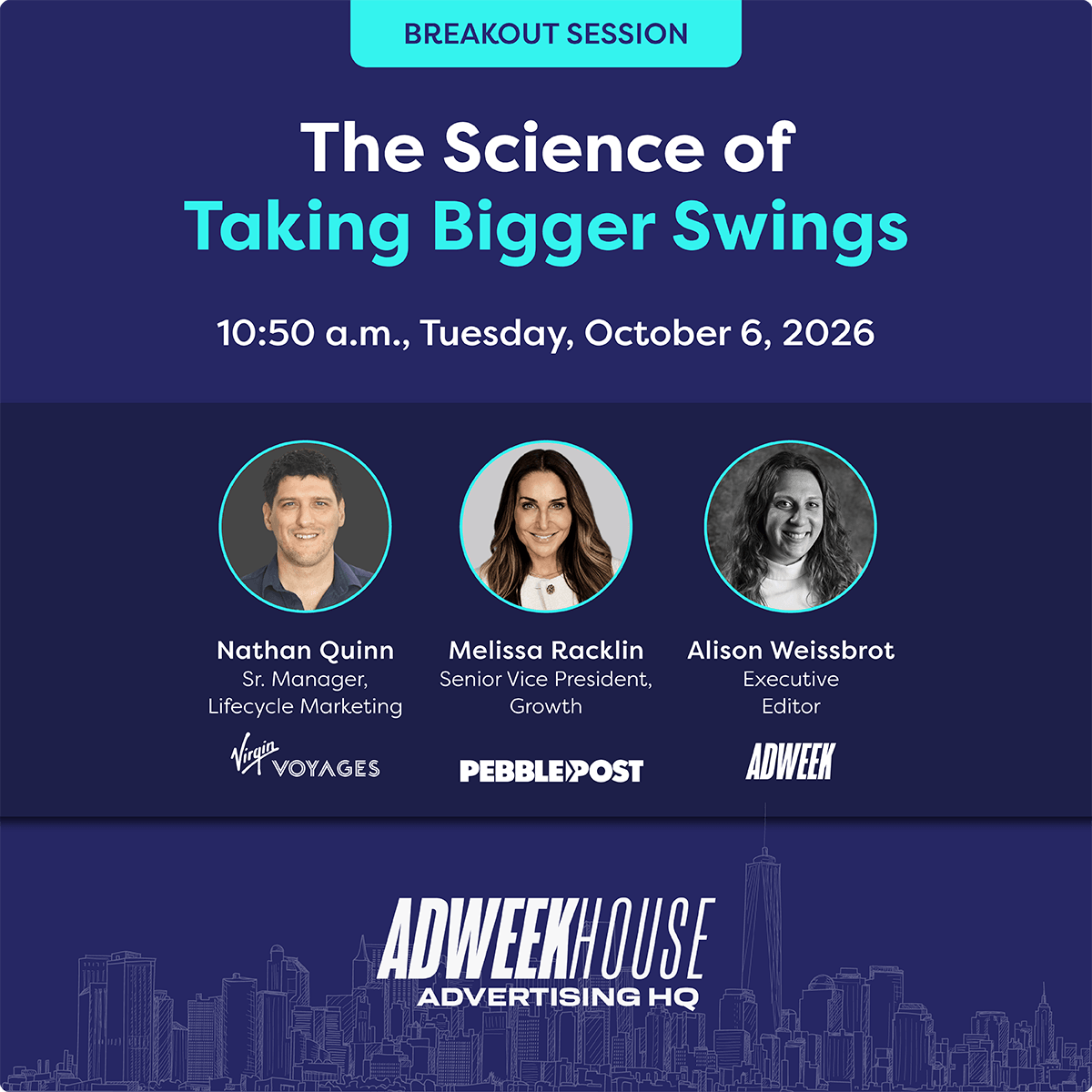 PebblePostPDM's tweet photo. Virgin Voyages knows that a test is only as valuable as what you learn from it.

On October 6 at @Adweek House, Nathan Quinn of @VirginVoyages and Melissa Racklin of PebblePost will join ADWEEK Executive Editor @AlisonWeissbrot for a conversation about what makes experimentation genuinely useful.

They’ll talk about:
- how to decide what’s worth testing
- how to know when the results are trustworthy
- how strong partnerships can challenge assumptions and turn learning into smarter investment decisions

📍 ADWEEK House
🗓️ Tuesday, October 6
⏰ 10:50 a.m.

Hope to see you there!

Register for ADWEEK House: https://t.co/3e1NE4PhsT

#adweek #adweekhouse