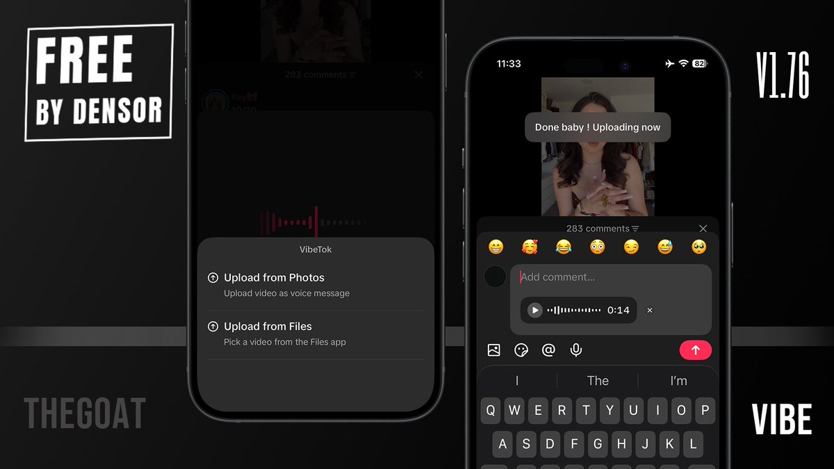 xDensor's tweet photo. VibeTok V1.76

- Upload video as voice message
Upload video as voice message in comments
 
- Upload files as voice message 
Upload files as voice message in comments

https://t.co/b7hFuNrjF8 https://t.co/hOgEndAE6N