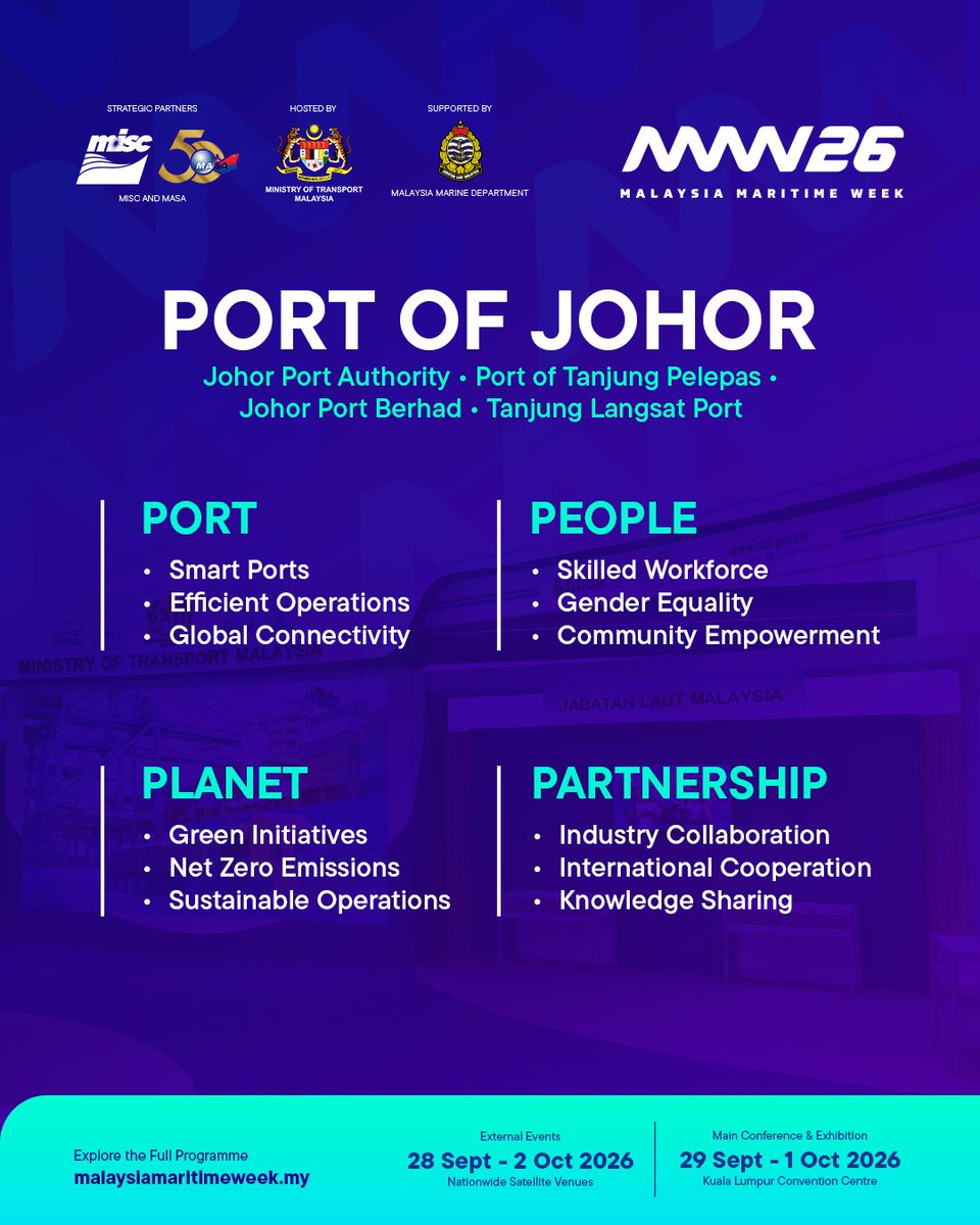 MOTMalaysia's tweet photo. Discover the MOT Pavilion at Malaysia Maritime Week 2026! ⚓

MAIN CONFERENCE &amp; EXHIBITION
📅 29 September – 2 October 2026
📍 Kuala Lumpur Convention Centre

Follow us and visit https://t.co/m4XvtPSxMt for updates on MMW26.

#MalaysiaMaritimeWeek2026 #MMW26 #MOTMalaysia https://t.co/2oeA7wbvIF