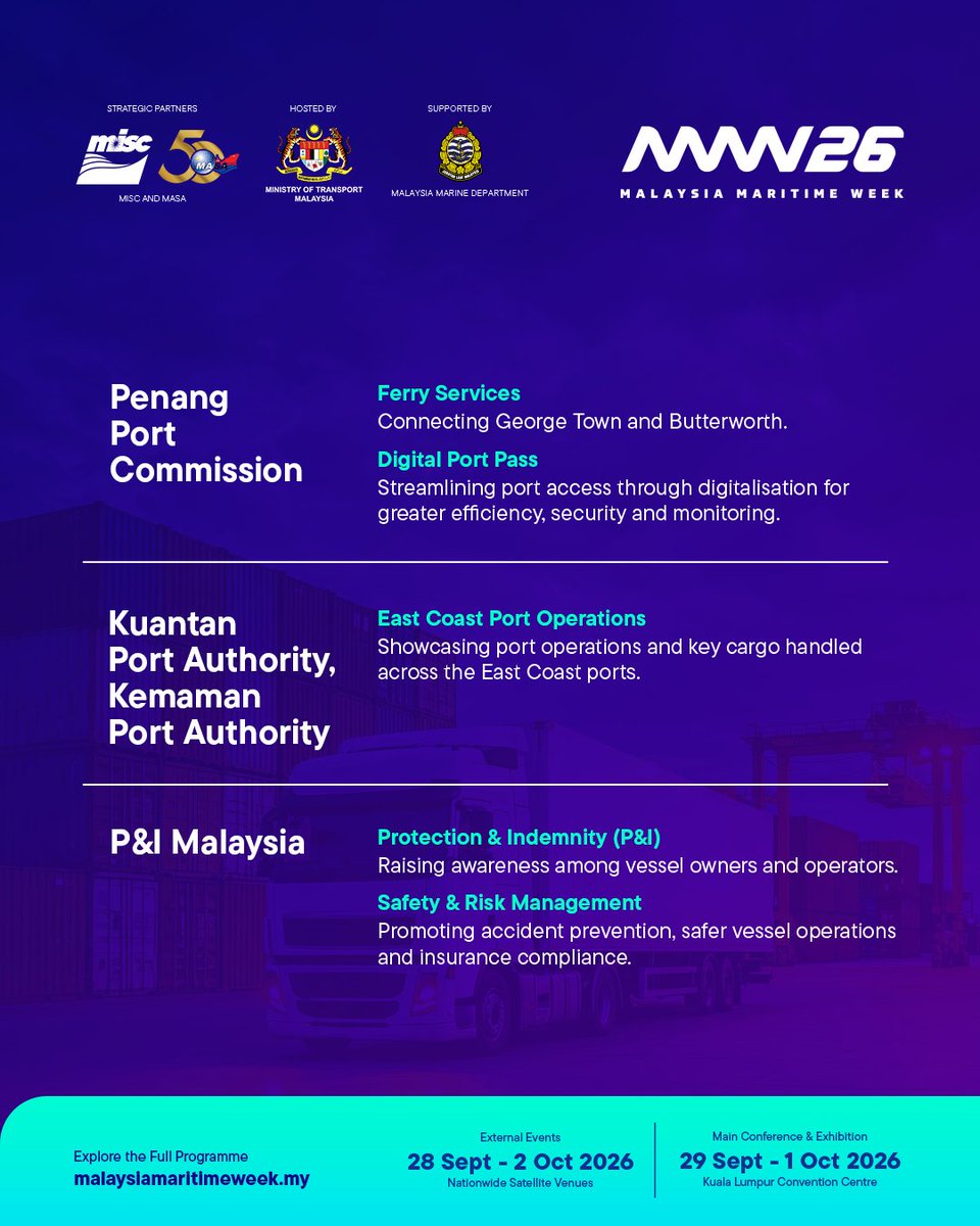 MOTMalaysia's tweet photo. Discover the MOT Pavilion at Malaysia Maritime Week 2026! ⚓

MAIN CONFERENCE &amp; EXHIBITION
📅 29 September – 2 October 2026
📍 Kuala Lumpur Convention Centre

Follow us and visit https://t.co/m4XvtPSxMt for updates on MMW26.

#MalaysiaMaritimeWeek2026 #MMW26 #MOTMalaysia https://t.co/2oeA7wbvIF