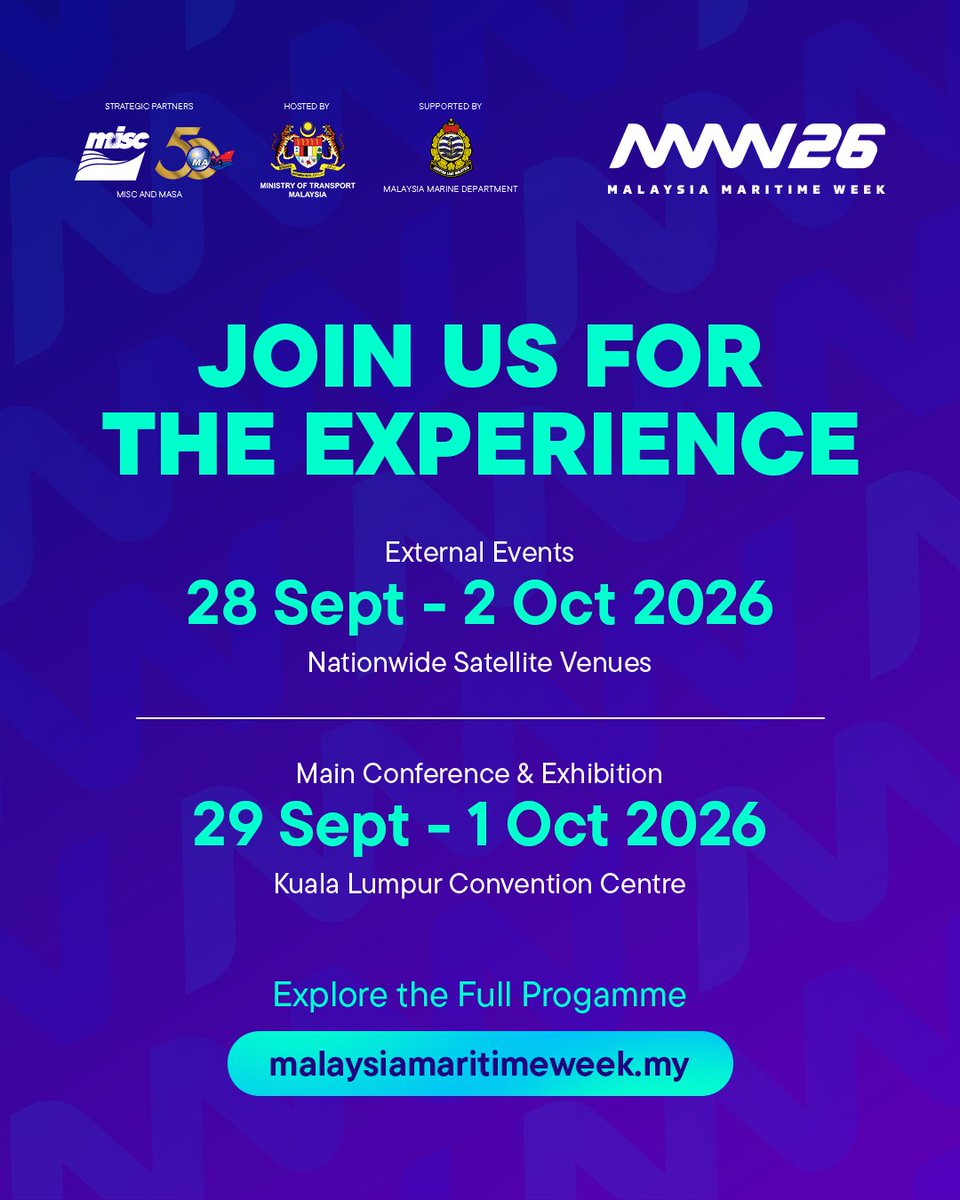 MOTMalaysia's tweet photo. Discover the MOT Pavilion at Malaysia Maritime Week 2026! ⚓

MAIN CONFERENCE &amp; EXHIBITION
📅 29 September – 2 October 2026
📍 Kuala Lumpur Convention Centre

Follow us and visit https://t.co/m4XvtPSxMt for updates on MMW26.

#MalaysiaMaritimeWeek2026 #MMW26 #MOTMalaysia https://t.co/2oeA7wbvIF