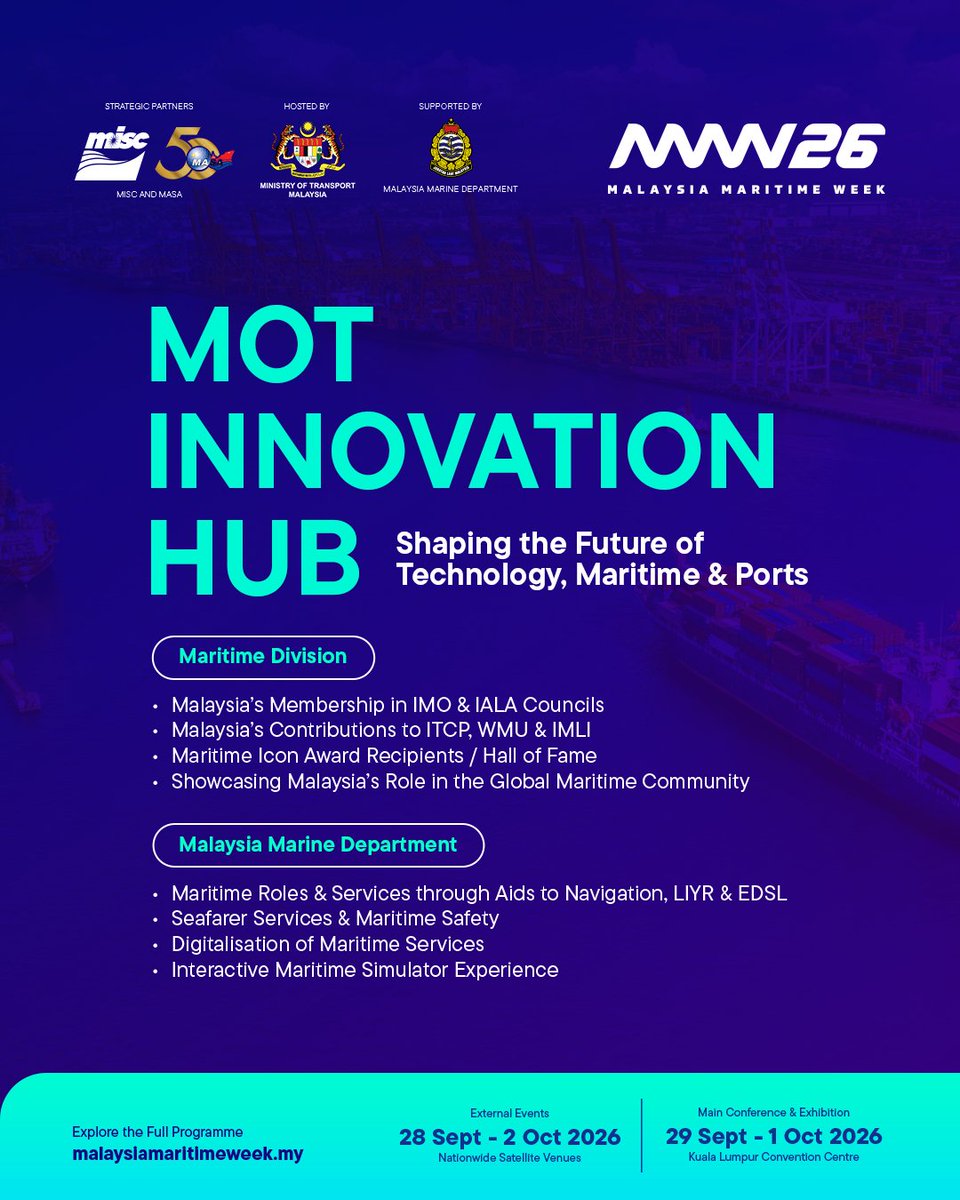 MOTMalaysia's tweet photo. Discover the MOT Pavilion at Malaysia Maritime Week 2026! ⚓

MAIN CONFERENCE &amp; EXHIBITION
📅 29 September – 2 October 2026
📍 Kuala Lumpur Convention Centre

Follow us and visit https://t.co/m4XvtPSxMt for updates on MMW26.

#MalaysiaMaritimeWeek2026 #MMW26 #MOTMalaysia https://t.co/2oeA7wbvIF