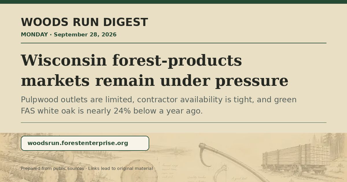 ForestBizSchool's tweet photo. Wisconsin pulpwood outlets remain tight and white oak prices lag badly; a 50-year Maine study finds whole-tree harvesting changed species composition more than long-term productivity.

https://t.co/Hi7vZoVWtu https://t.co/ANMfI0awxB