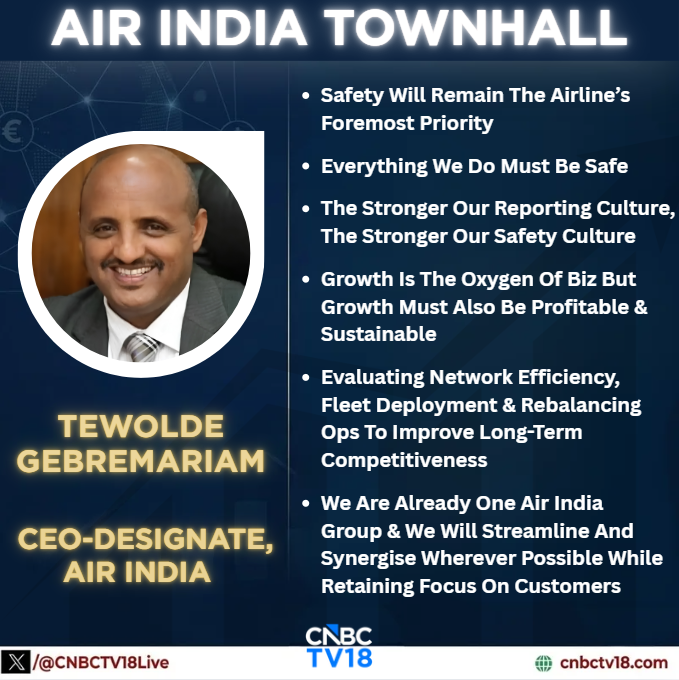 CNBCTV18Live's tweet photo. #NewsFlash | "Safety will remain the #airline’s foremost priority. Everything we do must be #safe,” says Tewolde Gebremariam, CEO-designate, #AirIndia, during a townhall with employees
Alert: Tewolde Gebremariam is yet to receive security clearance from the government before officially taking charge as #AirIndia CEO