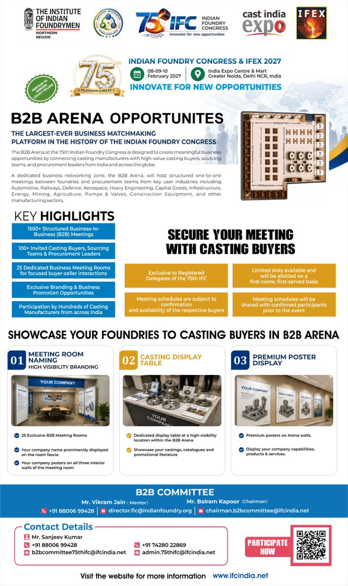 75thIFC's tweet photo. 🤝 Foundries, meet your next buyers.
1500+ B2B meetings | 100+ invited casting buyers | 25 dedicated meeting rooms at the 75th Indian Foundry Congress &amp; IFEX 2027.

📅 8–10 Feb 2027 
📍 Greater Noida
 🌐https://t.co/w9O0d8FjC7

#IFEX2027 #Foundry #Casting #B2B #Manufacturing https://t.co/4yk91nsPFg