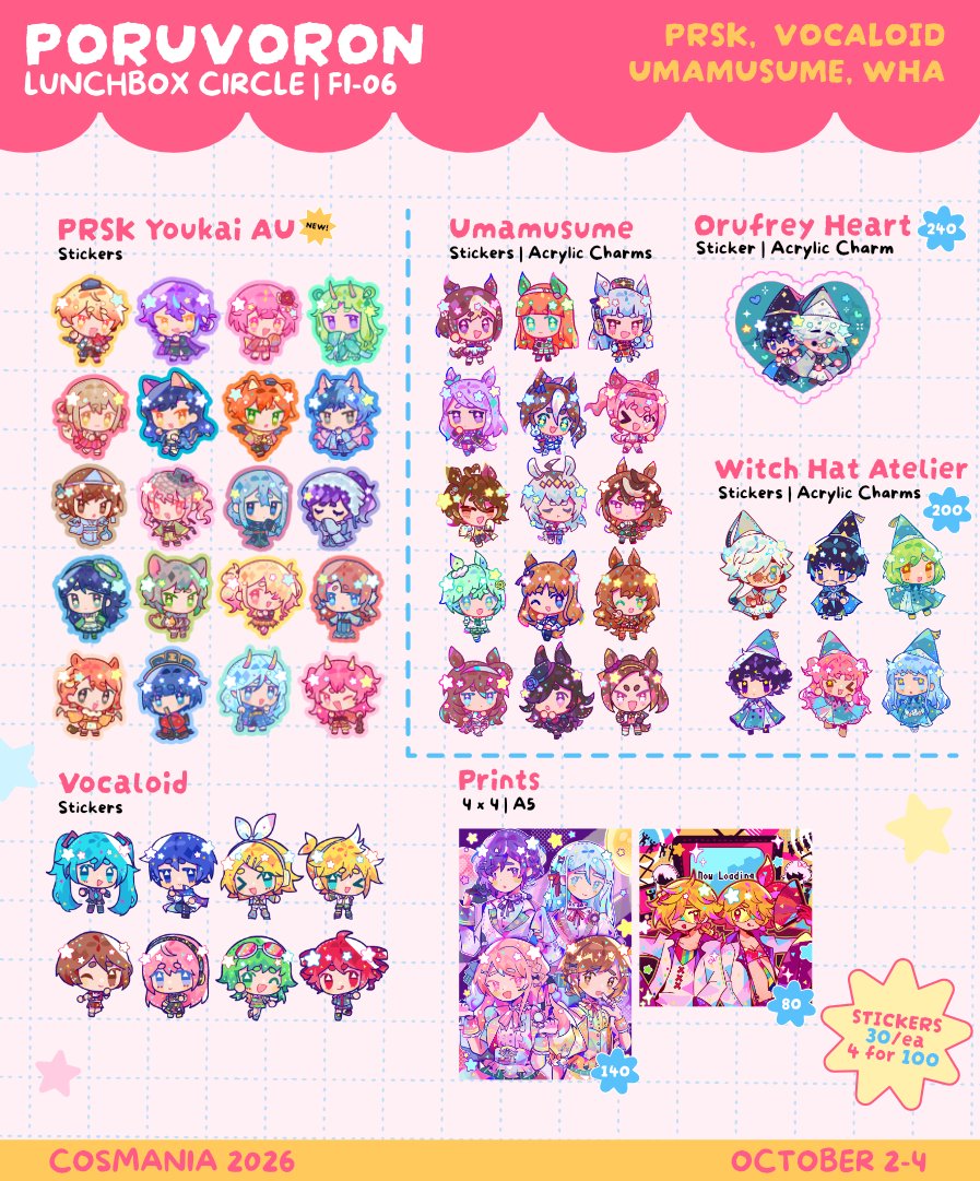 poruvoron's tweet photo. [rts💗]    
here's my catalogue for #cosmania2026!

📍 FI-06 w/ my friends @ Lunchbox Circle!
🗓️ Oct 2-4 
💕GSGW, thgll, kr BL/yaoi, link click, wha, umamusume, prsk etc.!

(1/2)
#FanfairAtCosplayMania2026
#CosplayMania2026 https://t.co/8EfZn5YWri
