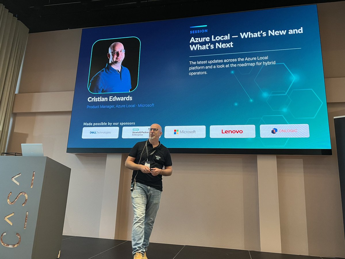 JamesvandenBerg's tweet photo. Cristian Edwards talking about Azure Local on What’s New and whst’s Next on Hybrid Platform Conference 2026 in Amsterdam 🚀
#Azure #AzureLocal #HybridIT #MVPBuzz #ITPro https://t.co/aMCArgHWuS