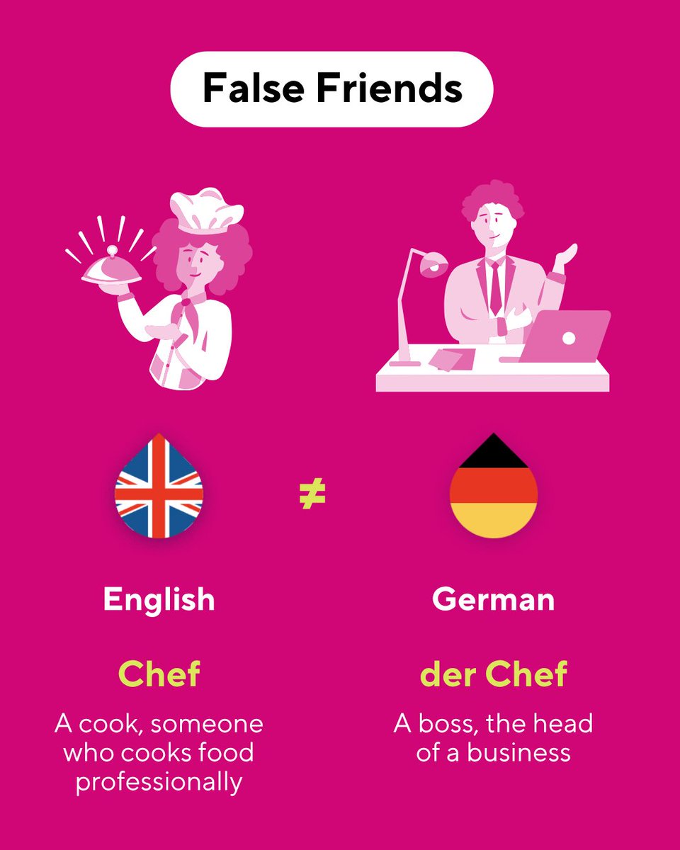 language_drops's tweet photo. Asking to speak to the chef means two very different things in English and German!

What other words sound the same but mean different things? Let us know!

#LanguageDrops #DropsApp #LearnALanguage https://t.co/C8k1hl7Uc3