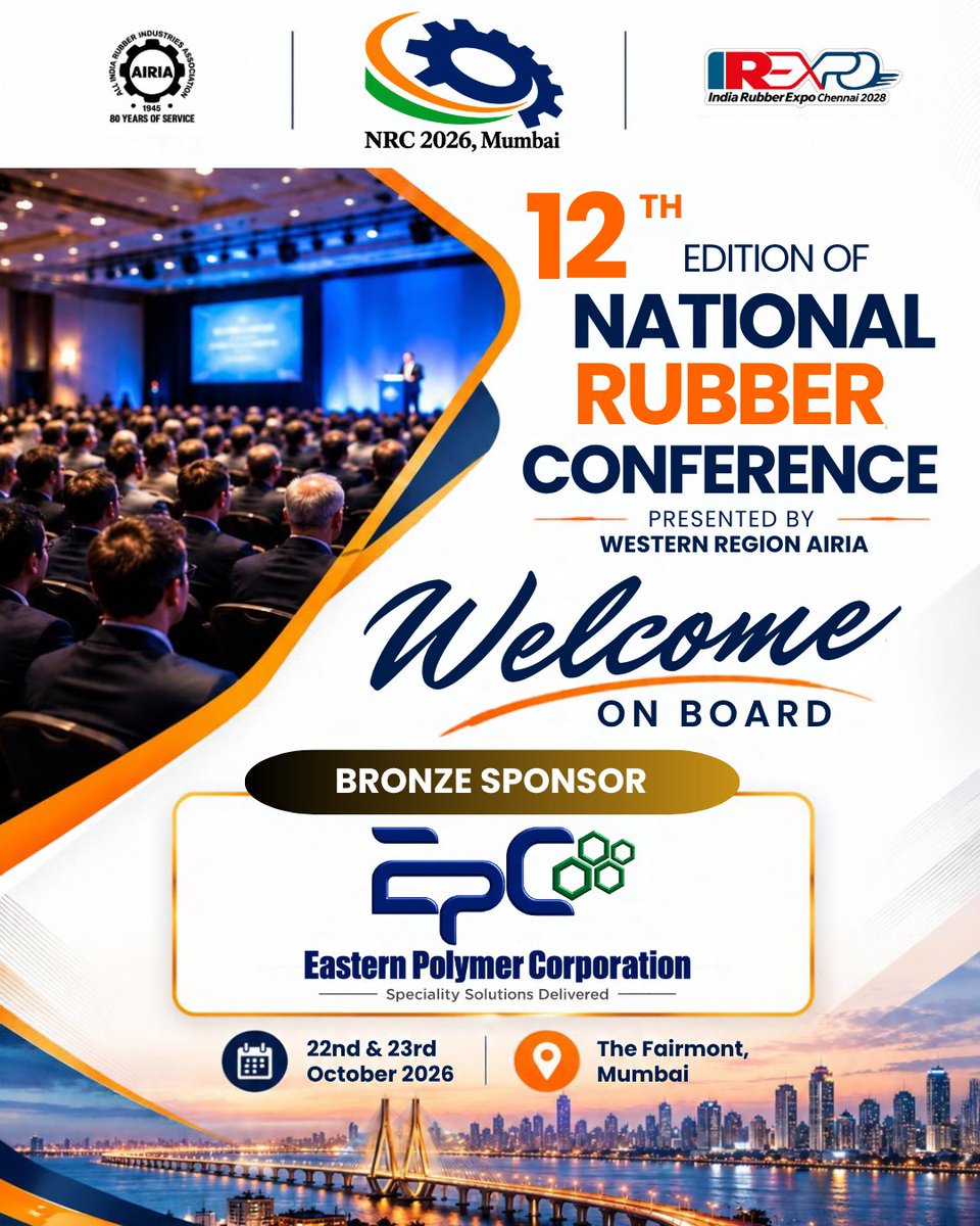 AllAiria's tweet photo. Welcome On Board, Eastern Polymer Corporation, our Bronze Sponsor for NRC 2026!
π
22β23 October 2026
π The Fairmont, Mumbai
π Register Now: https://t.co/iXvFZaMkFY
π Omkar Aher: +91 7738611354
#NRC2026 #AIRIA #EasternPolymer #BronzeSponsor #RubberIndustry #Innovation https://t.co/utO2UHIqoM