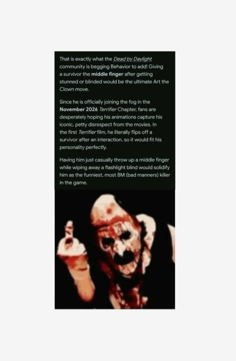 ArttheClownart's tweet photo. I hope this is what they do for his animations. It would be similar to Chucky and would fit him so much. 
He hates survivors ruining his performance, so he won't leave anything left of them in the fog. 🤡🪚

Thoughts? 🤡👇

#arttheclown
#deadbydaylight
#dbdkiller
#terrifier
#dbd https://t.co/vu5udQMnNR