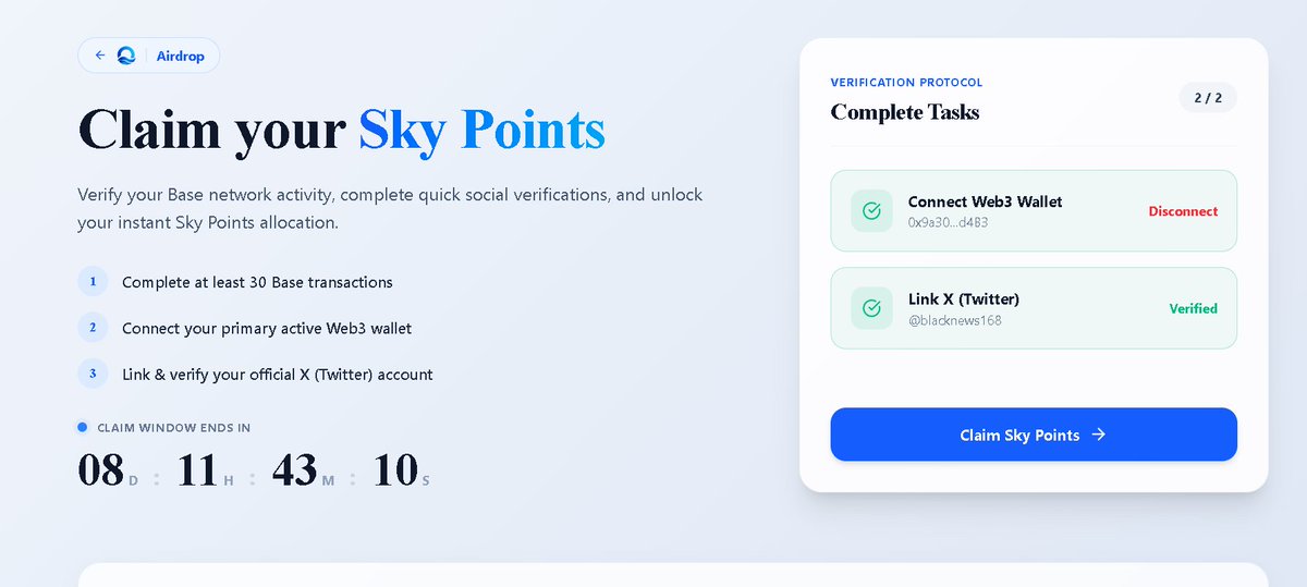 OceanSkyio's tweet photo. LAST REMINDER  @OceanSkyio  SP Airdrop
→ OceanSky Sky Points (SP) will be converted into tokens at TGE.
→ If you’re an active Base, make sure your wallet is eligible and claim your SP before the deadline.
→Only 8 days left to claim.
Don’t miss your SP.
 🔗Claim now: https://t.co/sxR1JfXZJl