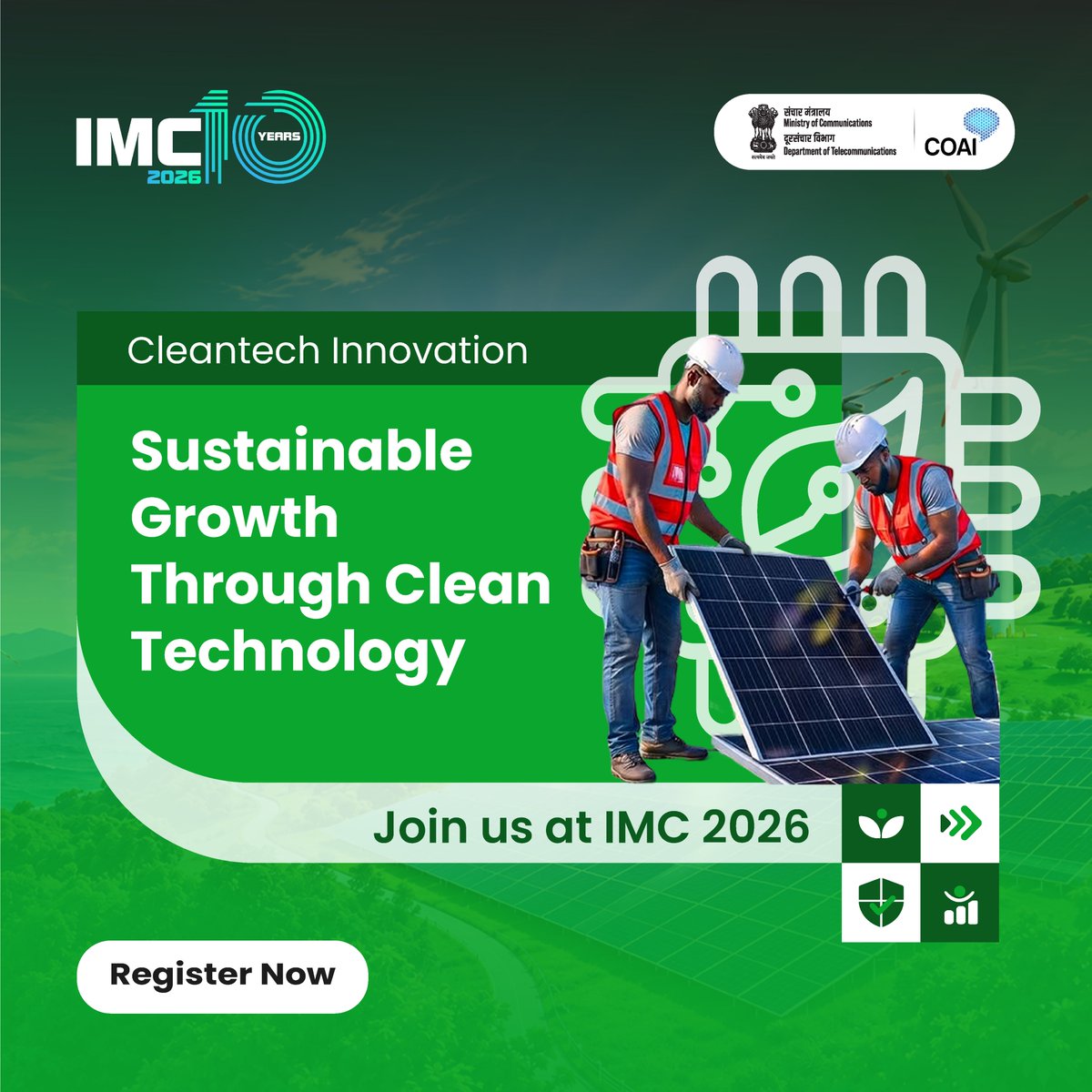 exploreIMC's tweet photo. Powering a greener tomorrow through innovation. 🌱

IMC 2026 brings together innovations across Green Telecom, Renewable Energy, Green Infrastructure, Circular Economy and Sustainable Manufacturing to shape more efficient and sustainable growth. 🌐

Discover the technologies driving a cleaner, smarter digital future.

📍 7–10 October 2026 | Yashobhoomi, New Delhi

🔗 Register Now: https://t.co/QkK8s0dwqF

#IMC2026 #IMCBeyond10 #IndiaMobileCongress #ScaleWithoutBoundaries 

@ConnectCOAI @DoT_India