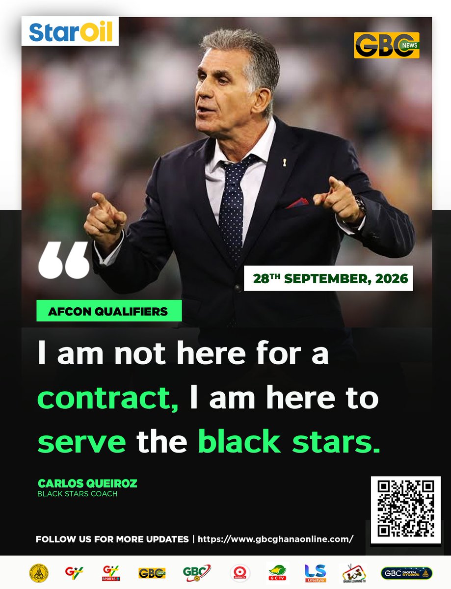 GTV_Ghana's tweet photo. Afcon Qualifiers:

I am not here for a contract, I am here to serve the black stars

-Carlos Queiroz, Black Stars Coach

#gtvsports
#Afcon
#gbcnews https://t.co/6Y6zTYFZw7