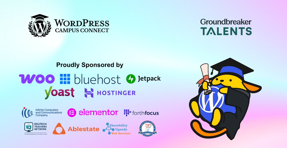 mocursor's tweet photo. It is happening today

@WordPress goes to Groundbreaker Talents. A day of building portfolios and contribution

Many thanks to our Sponsors @WooCommerce @bluehost @jetpack @yoast @Hostinger @elemntor @Infinityi3C @ForthFocusGroup @ablestateafrica @EzoneSchool @SharebilityUg https://t.co/iUwWmrYl1a