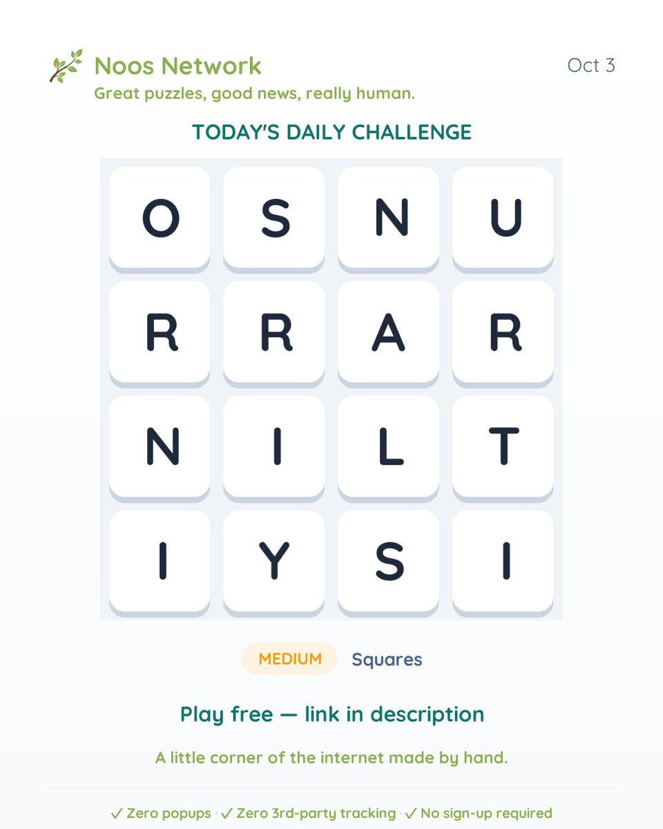 TheNoosNetwork's tweet photo. Squares (Medium)
Spot the hidden words in today's 4x4 letter grid! Grab a brew and test your vocabulary in Squares. ๐ โ
Play now: https://t.co/CuqtjVHr5z #SquaresGame #WordGames https://t.co/lzhslW8cnH