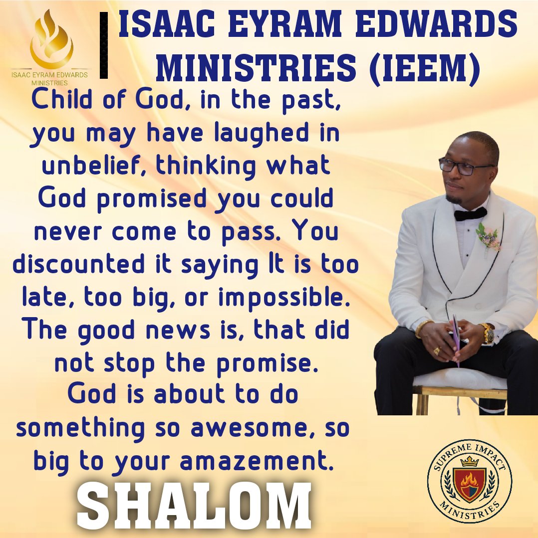 Isaac_E_Edwards's tweet photo. Child of God, in the past, you may have laughed in unbelief, thinking what God promised you could never come to pass. You discounted it saying It is too late; it is too big; it is impossible. The good news is, that did not stop the promise. Your second laugh is coming.

Shalom https://t.co/I6x4lB1q6F