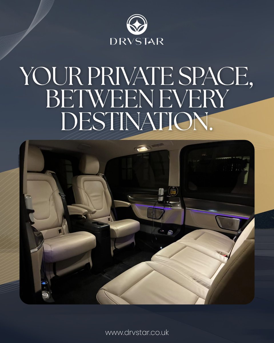 DrvstarExec's tweet photo. The journey should feel as considered as the destination.
A calm, spacious interior gives you the freedom to prepare for the next meeting, take a private call or simply switch off while London moves around you.
Book your next journey at https://t.co/AUMoPox9fB
.
#DRVSTAR https://t.co/QrMdA0a6sE