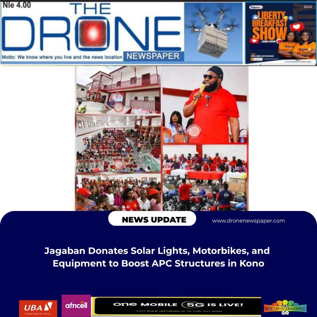DroneNewsp396's tweet photo. APC Support in Kono: Jagaban visited Kono to donate 100 solar streetlights, 9 motorbikes, AC units, and PA gear to local constituencies. He also inspected progress on the new APC District Office. #SierraLeone #Kono https://t.co/uaHBixwGsO