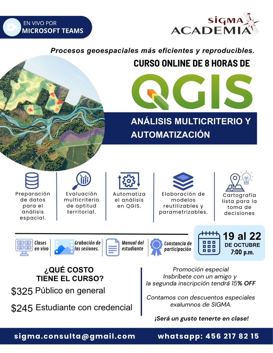 sigma_consulta's tweet photo. 🌍 ¡Aprende a hacer geoprocesos más eficientes con: QGIS: Análisis Multicriterio y Automatización.
📅 19–22 oct 26
🕖 7:00 p. m. (México)
⏳ 8 horas
💰 $325 MXN público general
🎓 $245 MXN estudiantes
🎁 Inscríbete con un amigo y la 2.ª inscripción tiene 15 % OFF.
#QGIS #SIG #GIS https://t.co/rxAqmVT2aC