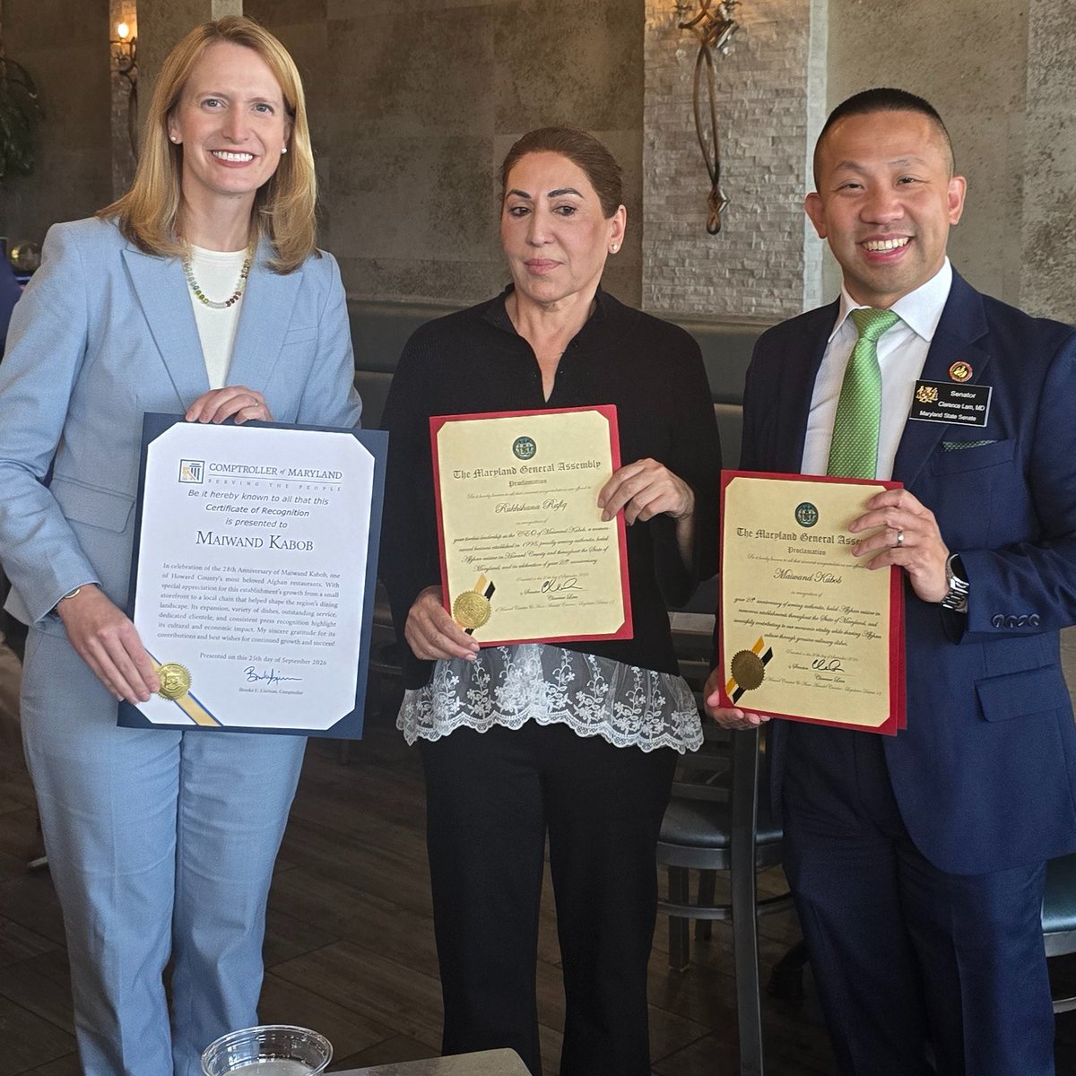 ClarenceLamMD's tweet photo. Maiwand Kabob has grown to become one of the best Afghan restaurants in Maryland, and Comptroller Brooke Lierman and I were pleased to celebrate their 25th anniversary with owner Rukhshana Rafiq! https://t.co/wNXSfwuxUe