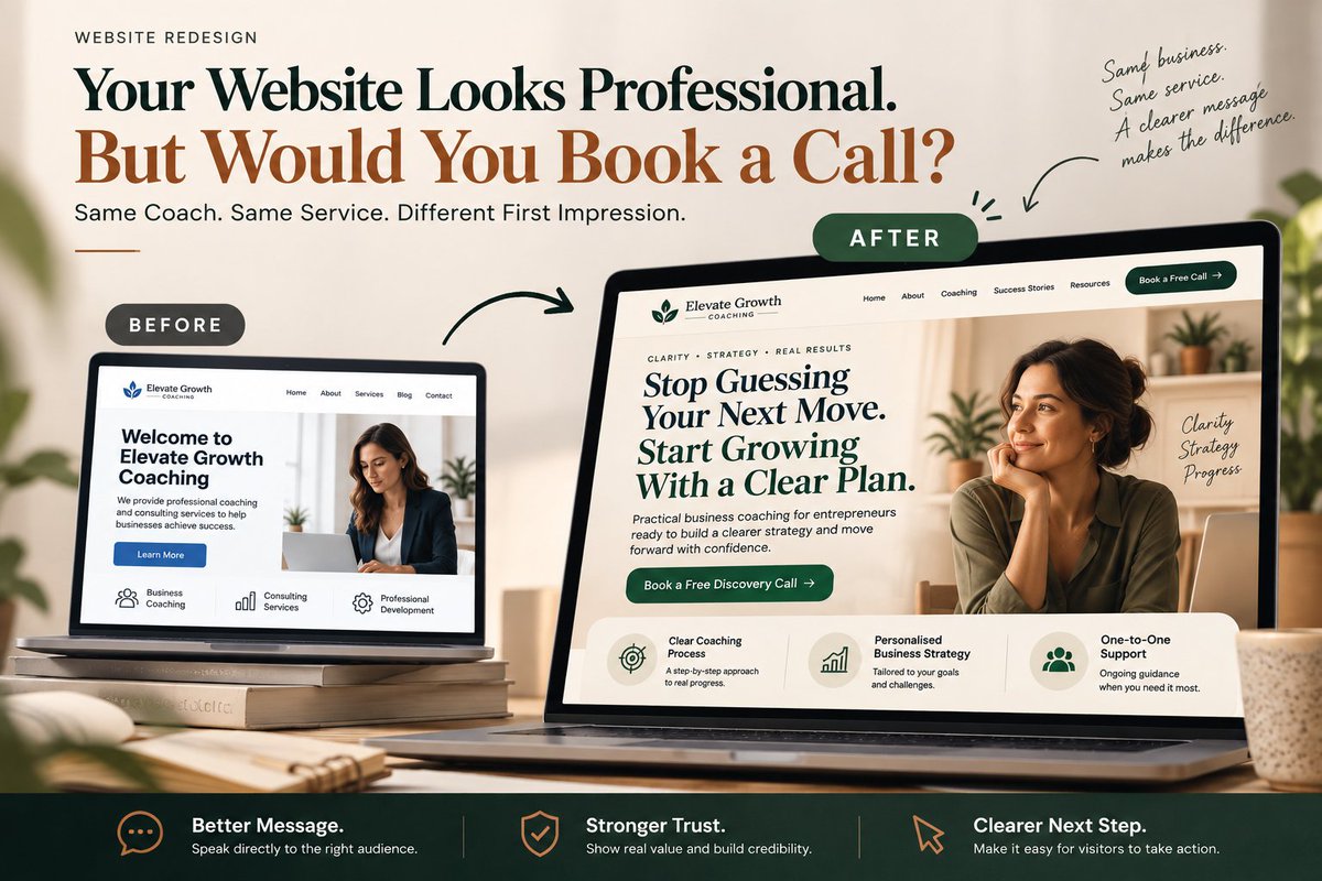WisterLim_1's tweet photo. Same coach. Same service. Different first impression.

A website can look professional, but does it give visitors a reason to take action?

Clearer message. Stronger trust. Better CTA.

Which would make you book a call, BEFORE or AFTER?

#WebDesign #WebsiteRedesign https://t.co/IoFg5zYp8c
