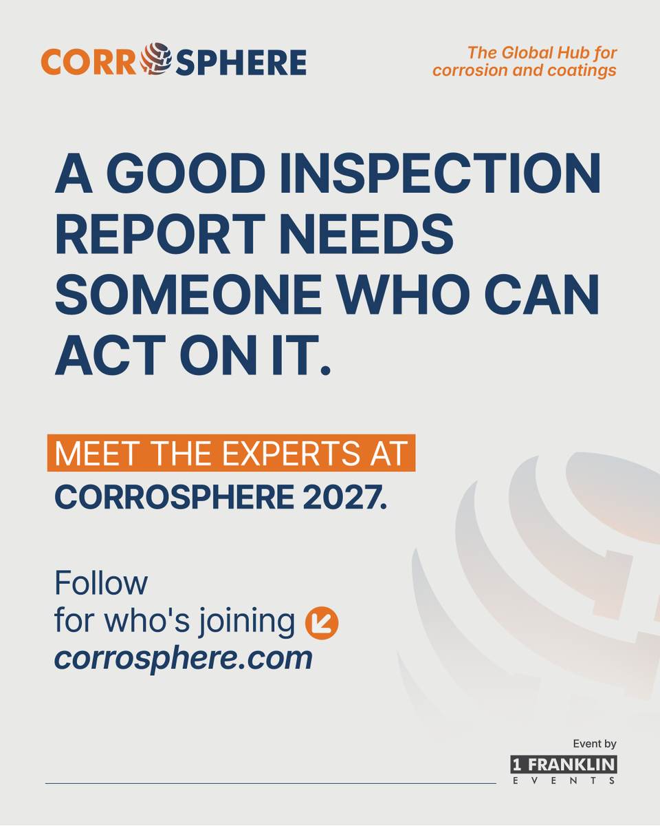 CORROSPHERE's tweet photo. The inspection report is done. The repair is still waiting for approval.

Corrosphere 2027 brings technical teams, decision-makers and industry leaders together to turn findings into action.

April 2027.

#Corrosphere2027 #AssetIntegrity #Corrosion https://t.co/uzfc0SrJ4u