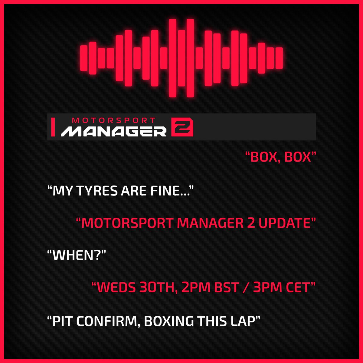 PlayMotorsport's tweet photo. Time for fresh updates!

Coming Wednesday 30th, 2pm BST / 3pm CEST. https://t.co/vdQdOQr3ah