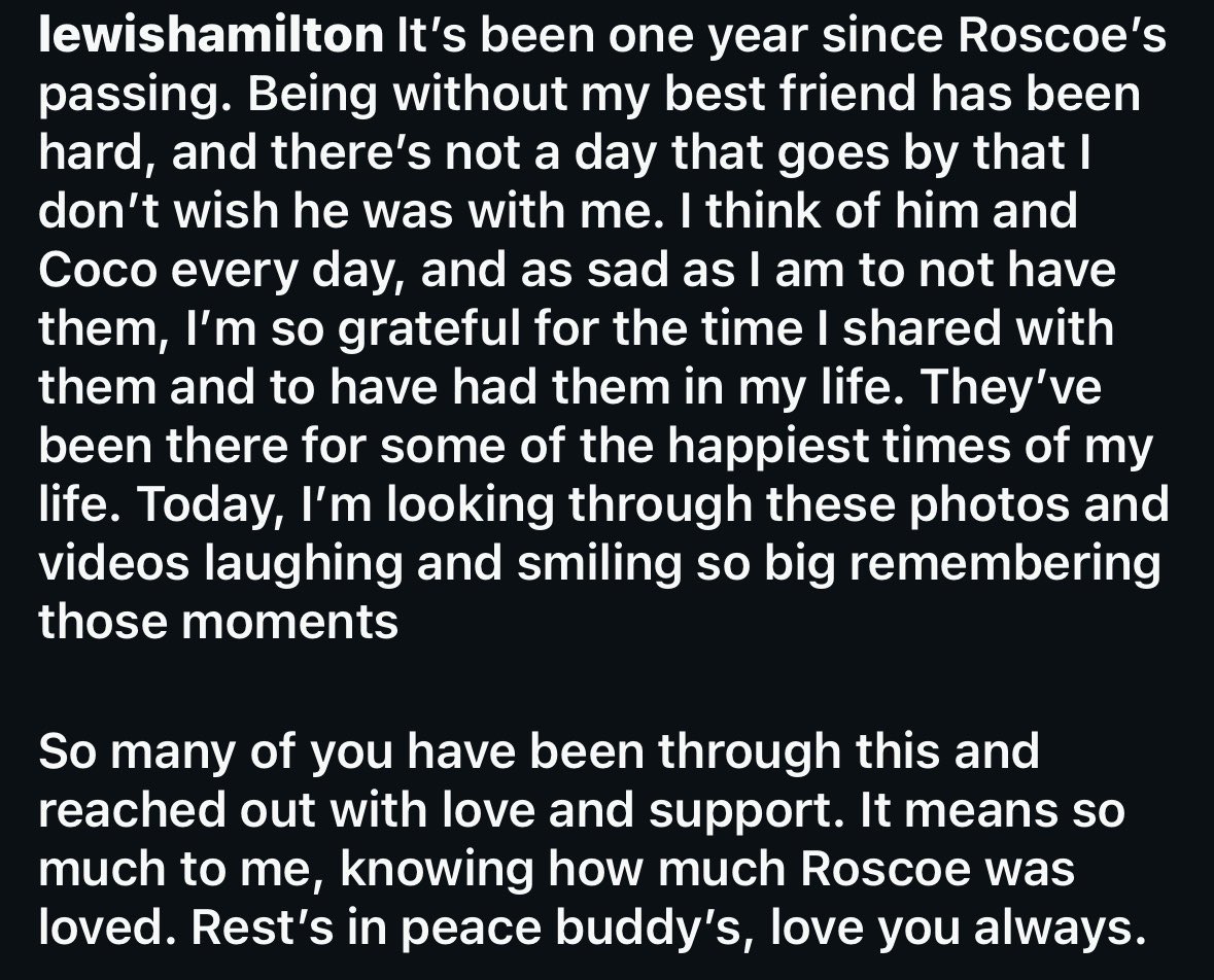 ScuderiaHadjar's tweet photo. Lewis Hamilton on Instagram:

Today marks one year since he lost his beloved dog Roscoe ❤️‍🩹 https://t.co/QIkwXULEYf
