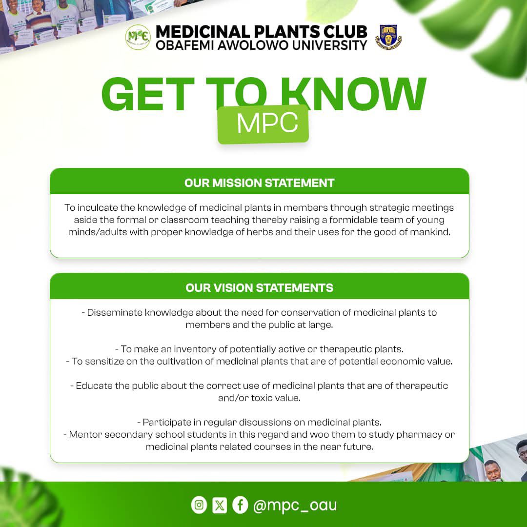 mpc_oau's tweet photo. *MEDICINAL PLANTS CLUB (MPC) ,Obafemi Awolowo University, Ile-Ife.

The Medicinal Plants Club (MPC),OAU is a community passionate about everything medicinal plants from their health benefits to their economic value.
👉 https://t.co/9GqJ9cwduP https://t.co/vHZeCUb8G3
