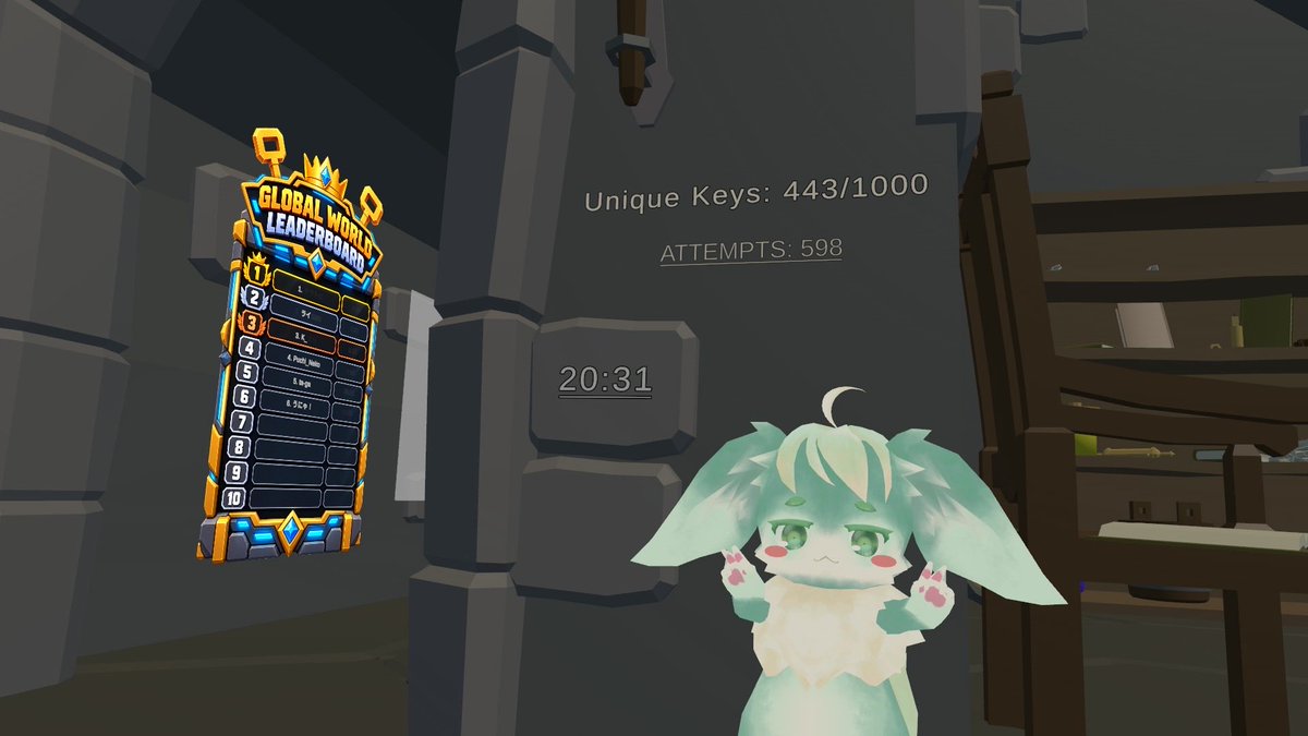 TAGA_VR_etc's tweet photo. 「Good Luck」

1000本の鍵が湧き出る宝箱から唯一つの正解を探すお手軽苦行😁

当方、20分31秒でした（試行598回）。🔑
対戦よろしくお願いします。🗝️

#VRC苦行部 https://t.co/tP4YAqYAWN